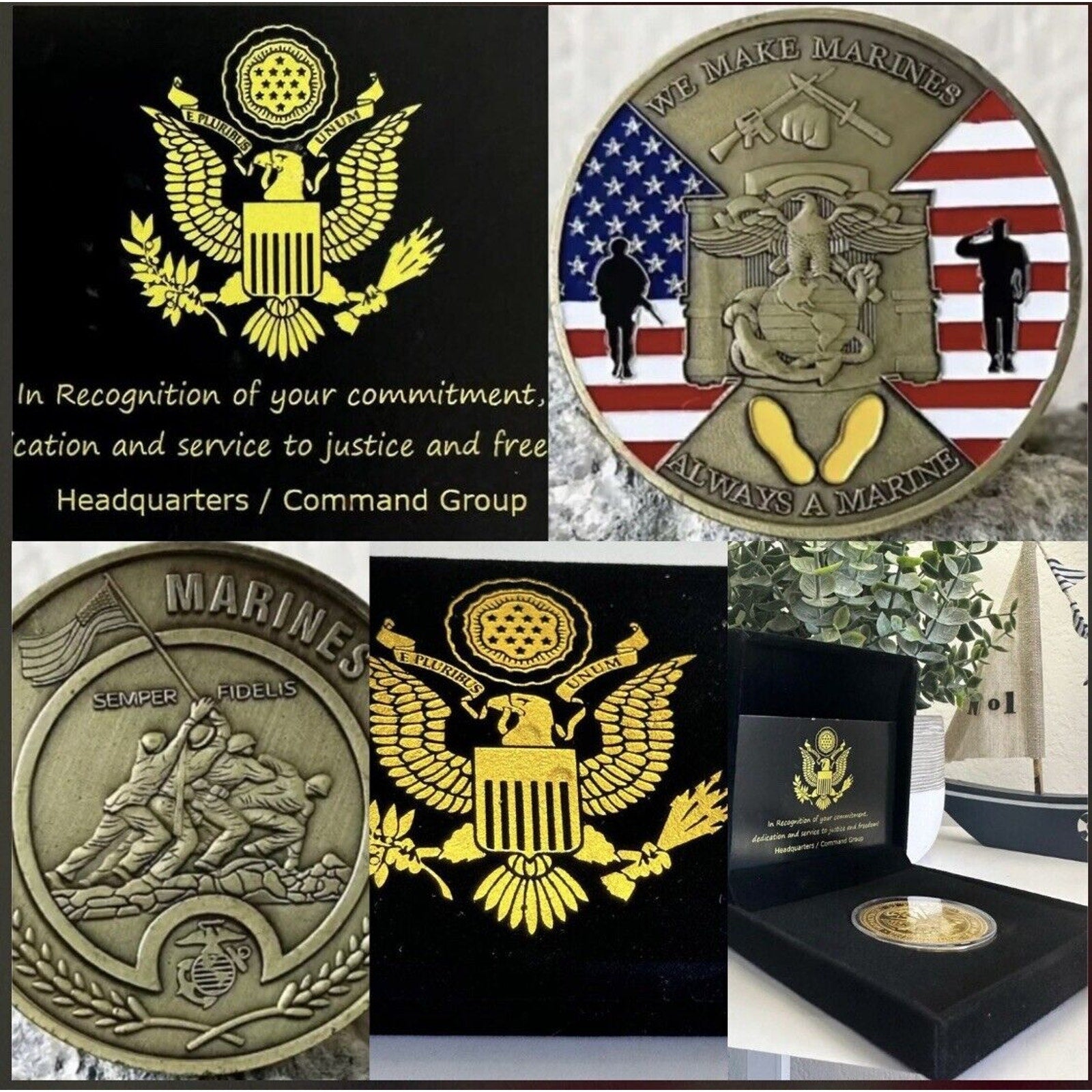 Always a Marine challenge coin Semper Fi yellow foot print Parris Island USA