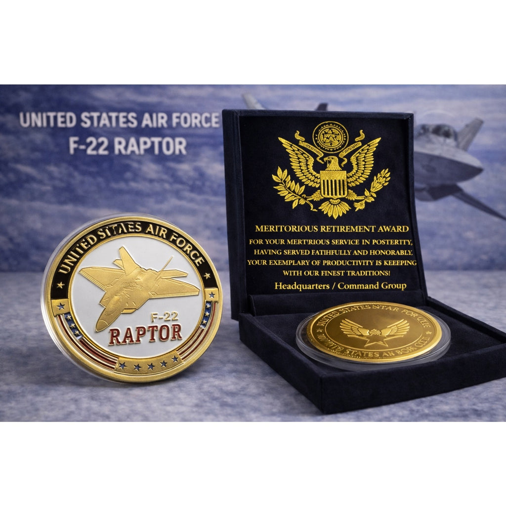 U S AIR FORCE F-22 RAPTOR Challenge Coin w/ Retirement Award
