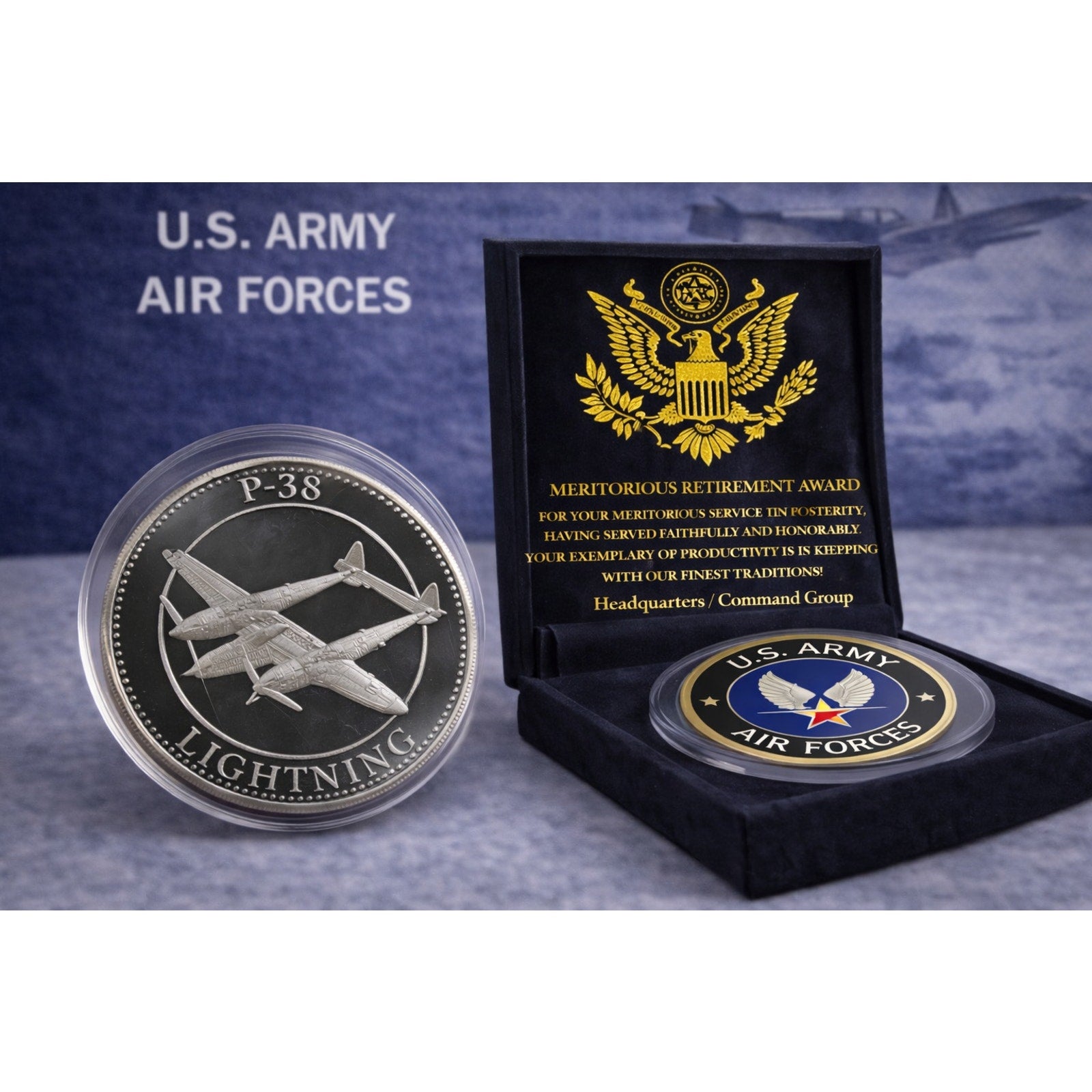 U S ARMY AIR FORCES P-38 LIGHTNING Challenge Coin w/ Retirement Award