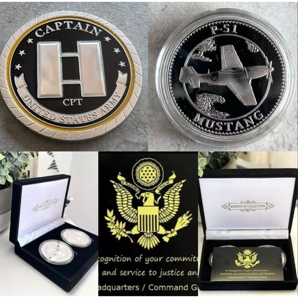 2pcs Army Rank Captain O-3 And AIR FORCES P-51 Aircarft Airplane CHALLENGE COINS
