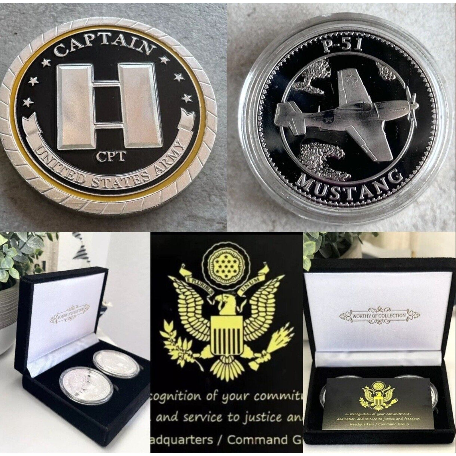2pcs Army Rank Captain O-3 And AIR FORCES P-51 Aircarft Airplane CHALLENGE COINS