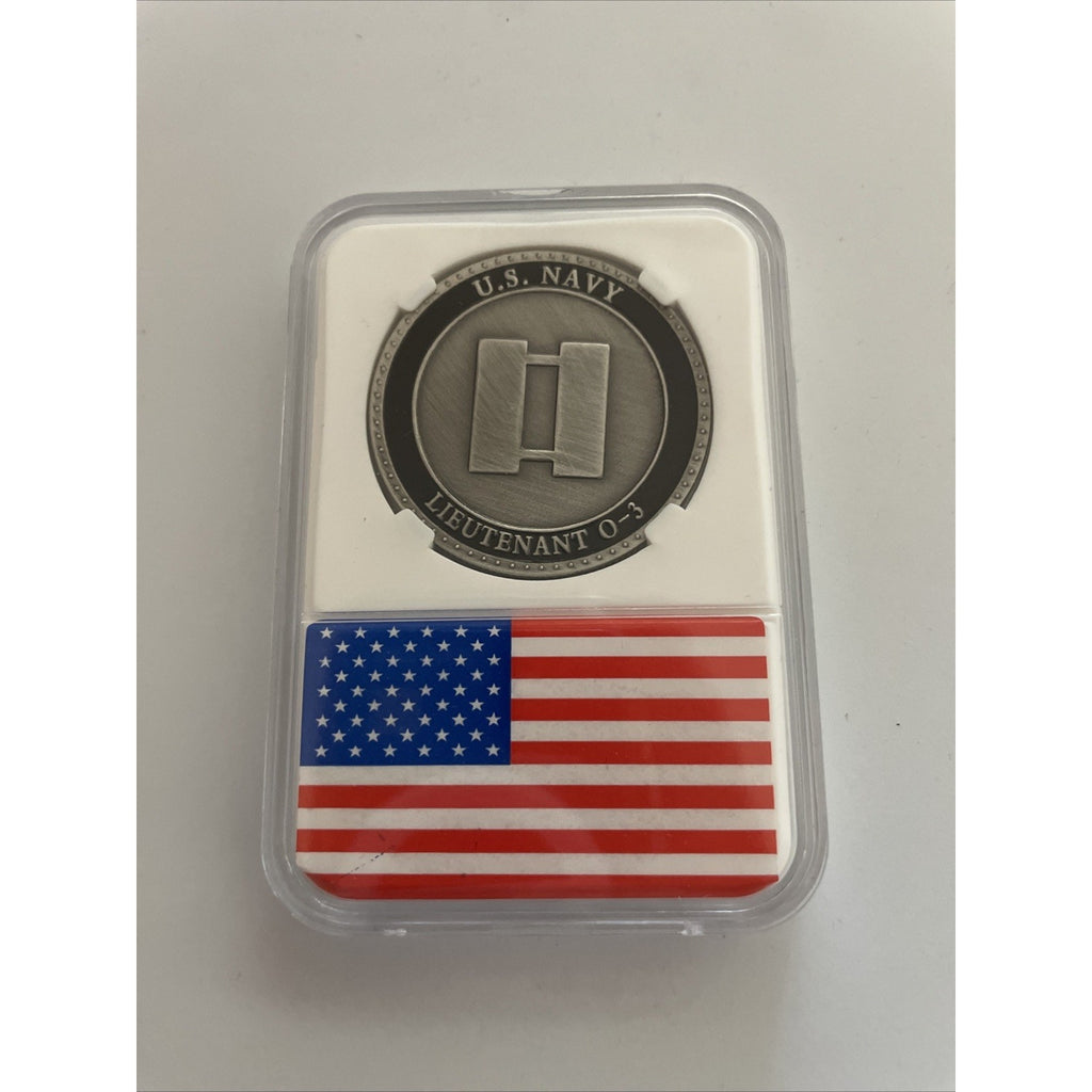 Us Navy Lieutenant 0-3 Officer Rank Coin w/ American Flag Case