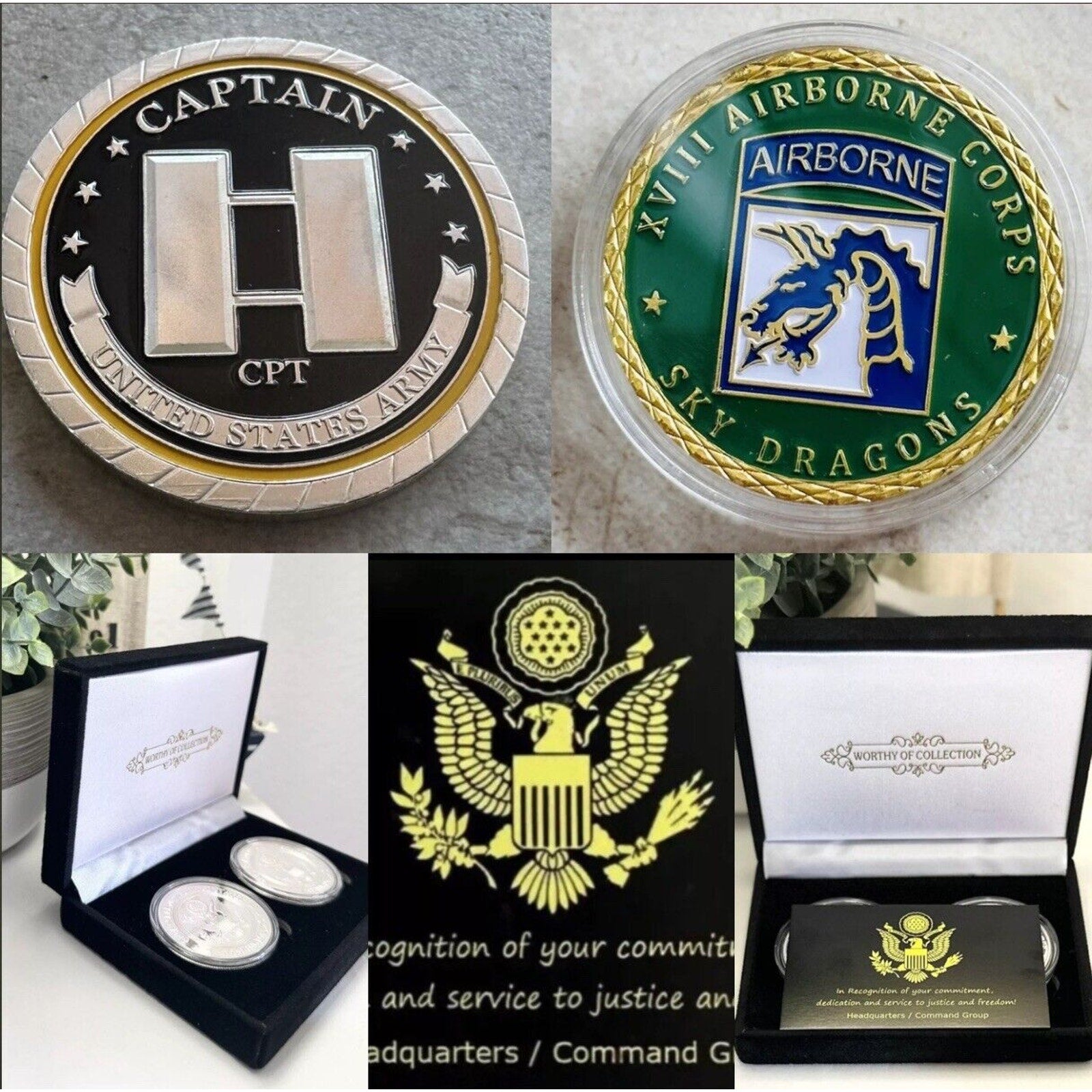 2pcs Army Rank Captain O-3 And XVIII AIRBORNE CORPS SKY DRAGON US COIN