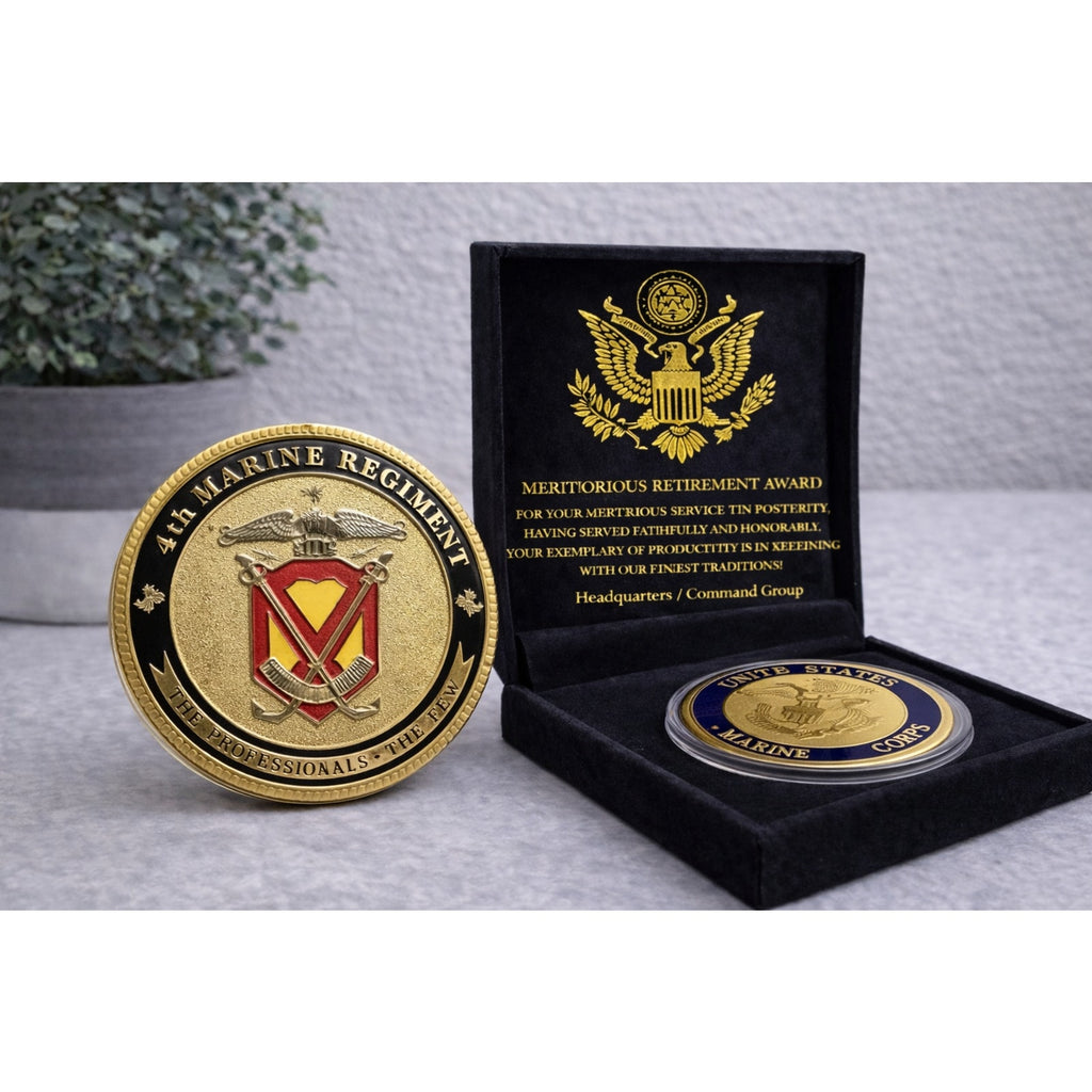 US MARINE CORPS - 4th MARINE REGIMENT Challenge Coin w/ Retirement Award