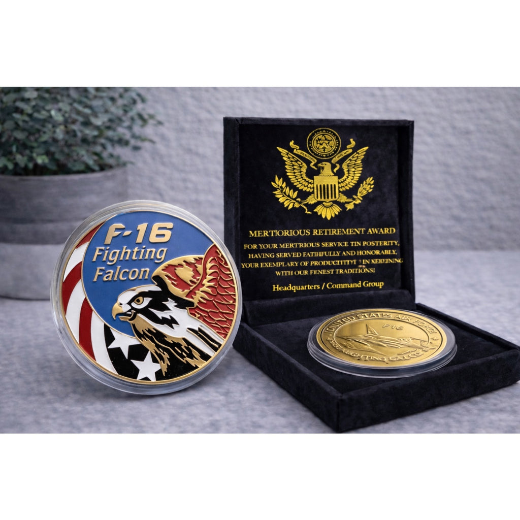 CHALLENGE COIN UNITED STATES AIR FORCE F-16 FIGHTING FALCON w/ Retirement Award