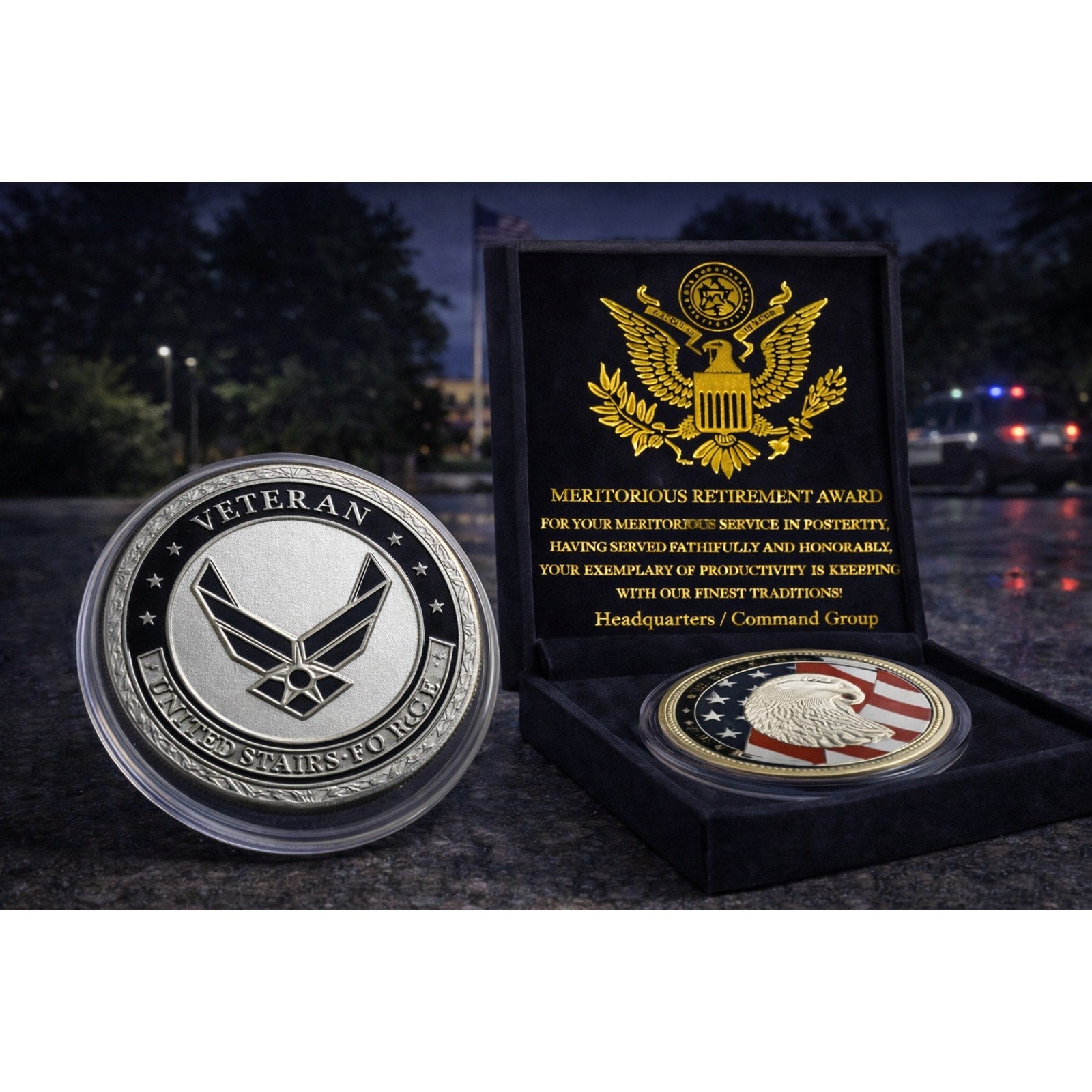 NEW USAF Air Force Veteran with eagle and flag ChallengeCoin w/ Retirement Award