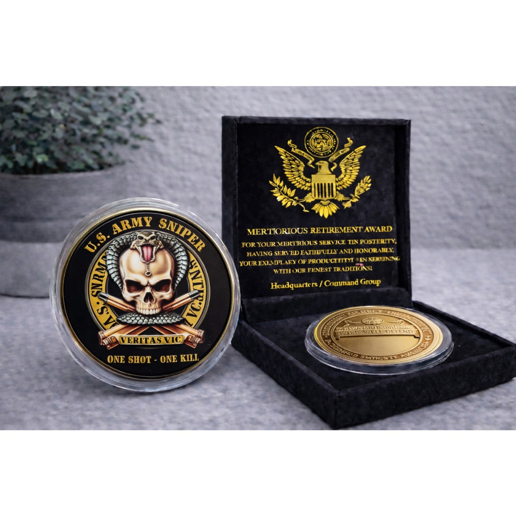 UNITED STATES ARMY Sniper Challenge Coin USA ARMY w/ Retirement Award