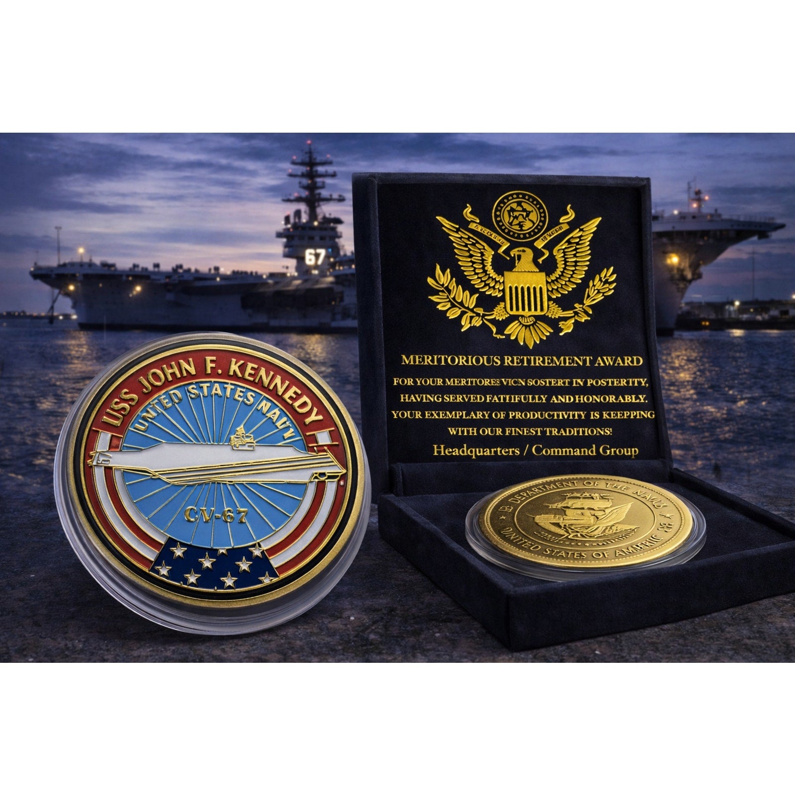 USS JOHN F. KENNEDY CV-67 Challenge Coin USN-US NAVY 40mm w/ Retirement Award
