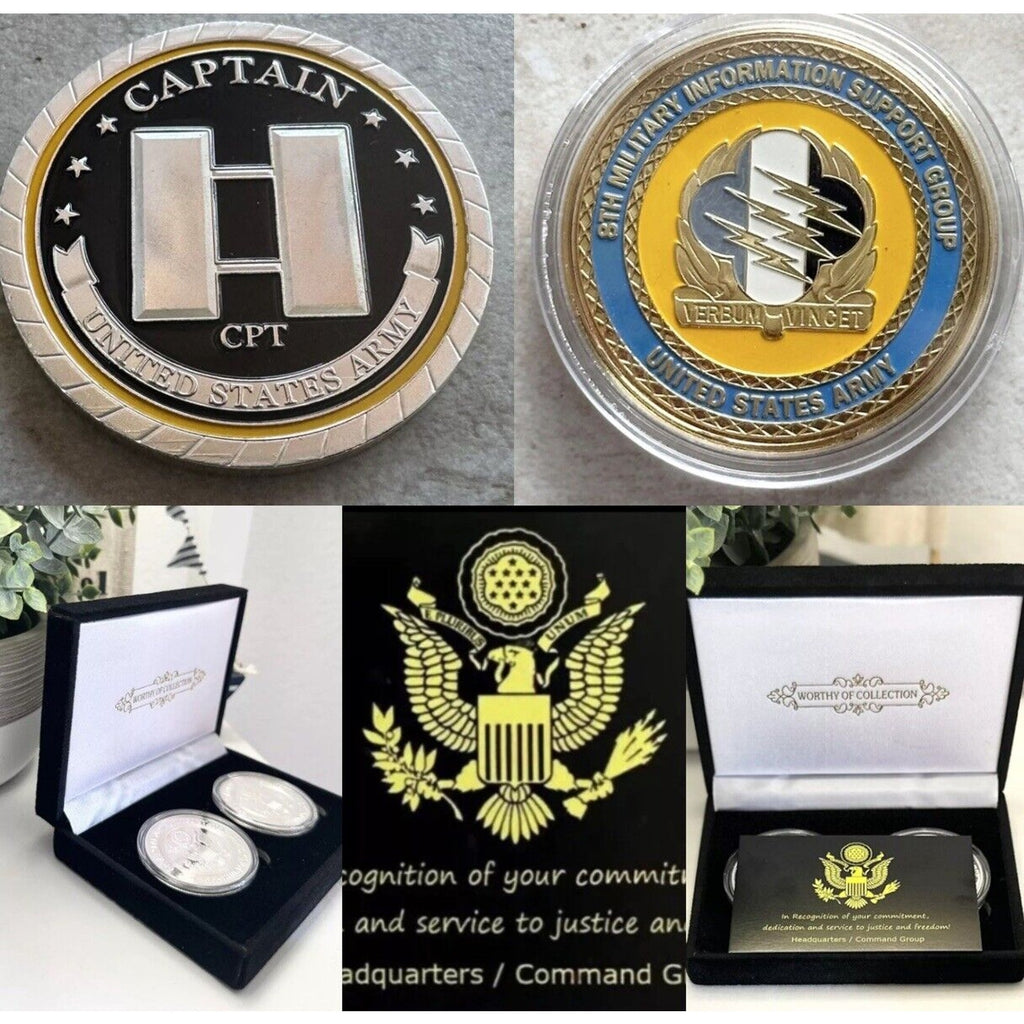 2pcs Army Rank Captain O-3 And 8TH MILITARY information Support CHALLENGE COIN