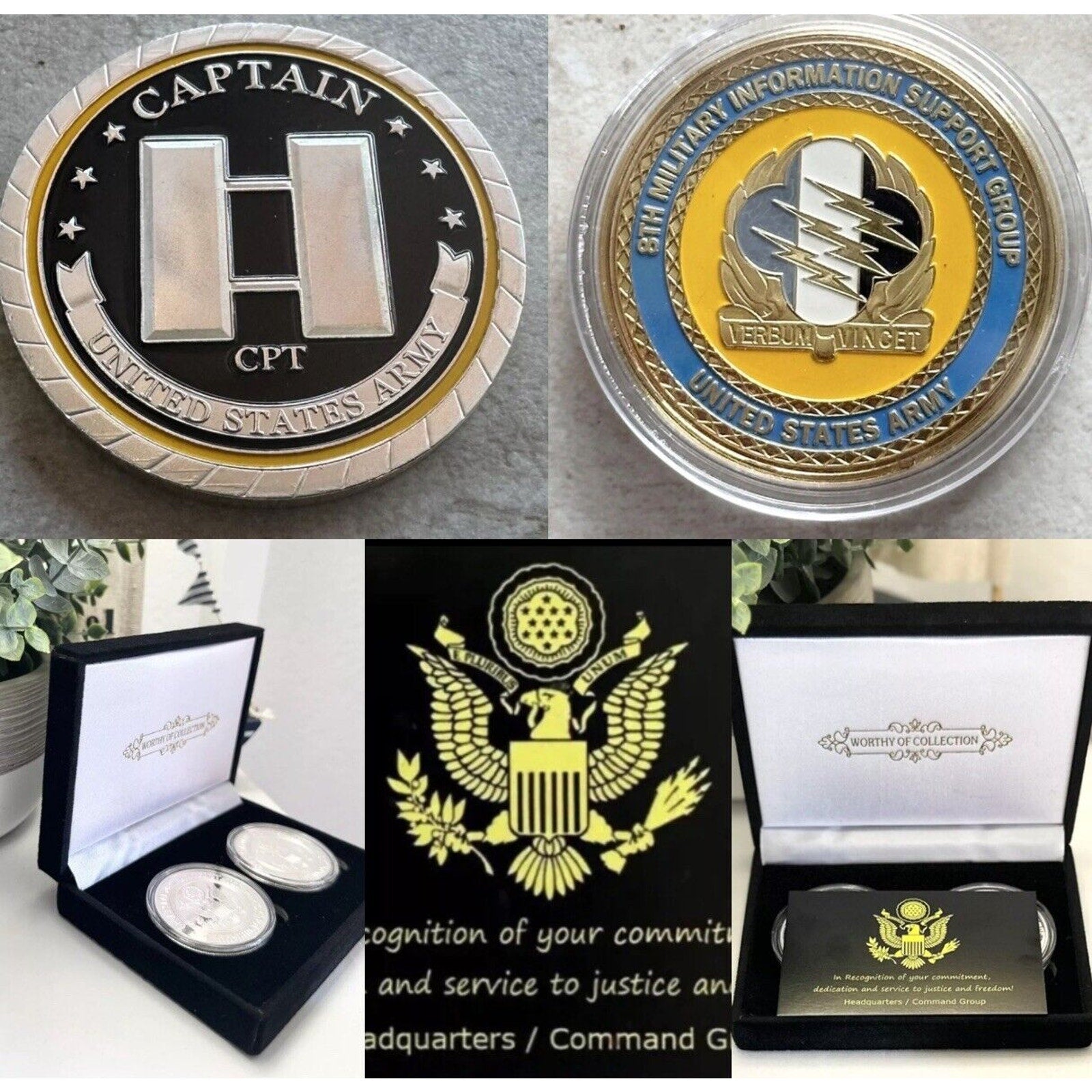 2pcs Army Rank Captain O-3 And 8TH MILITARY information Support CHALLENGE COIN
