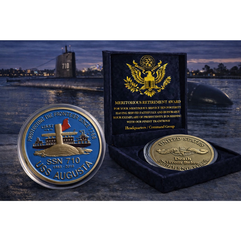 USS Augusta SSN 710 Submarine Challenge Coin USN w/ Retirement Award