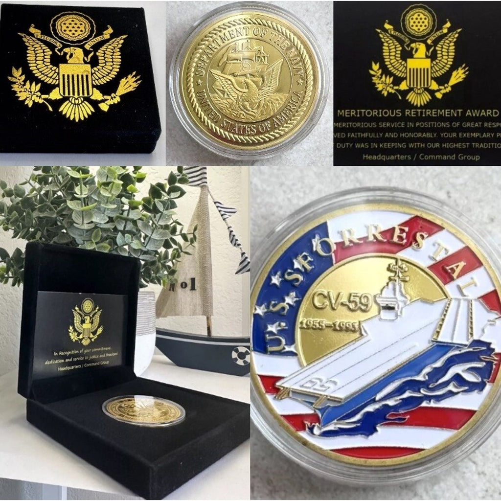US NAVY USS FORRESTAL CV-59 Challenge Coin With Retirement Award