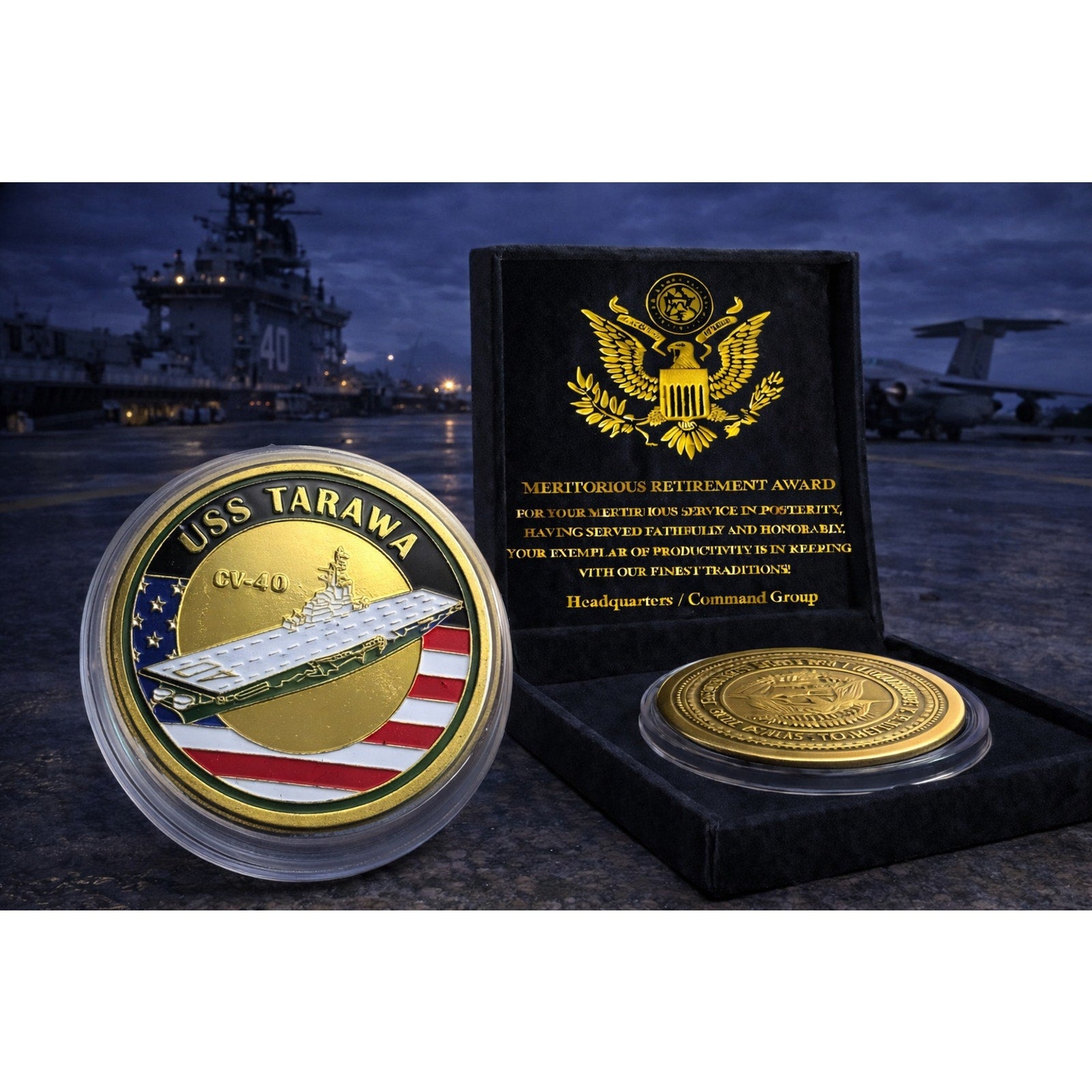 US NAVY - USS TARAWA / CV-40 Challenge Coin w/ Retirement Award