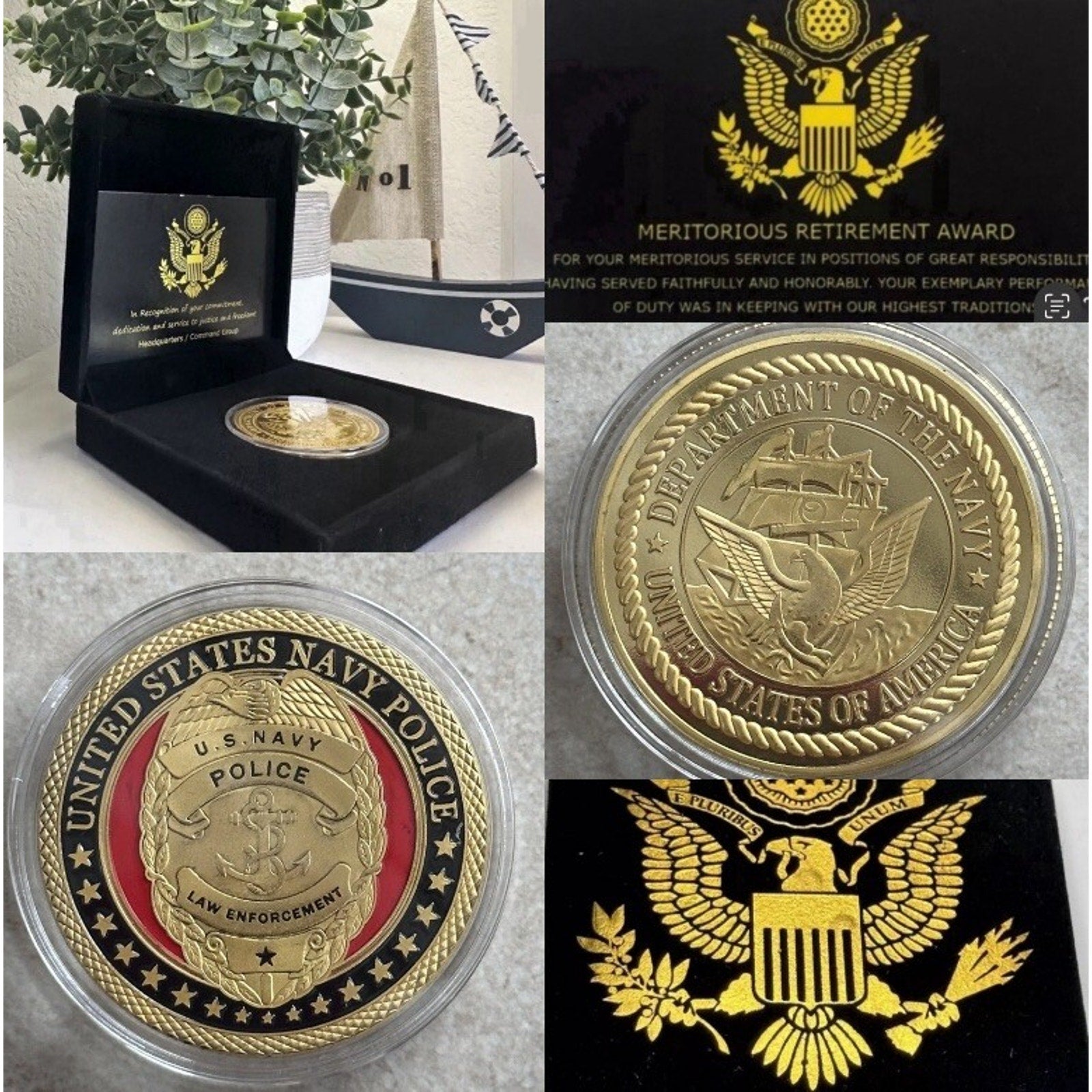 Navy Police Officer Agent MP Law Enforcement Coin USN W/ Retirement Award