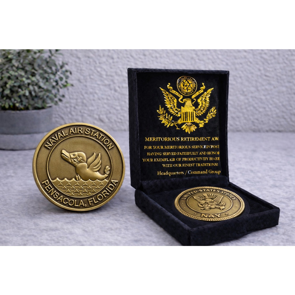 USN Navy aviation Base Challenge Coin NAS Pensacola FL USA w/ Retirement Award