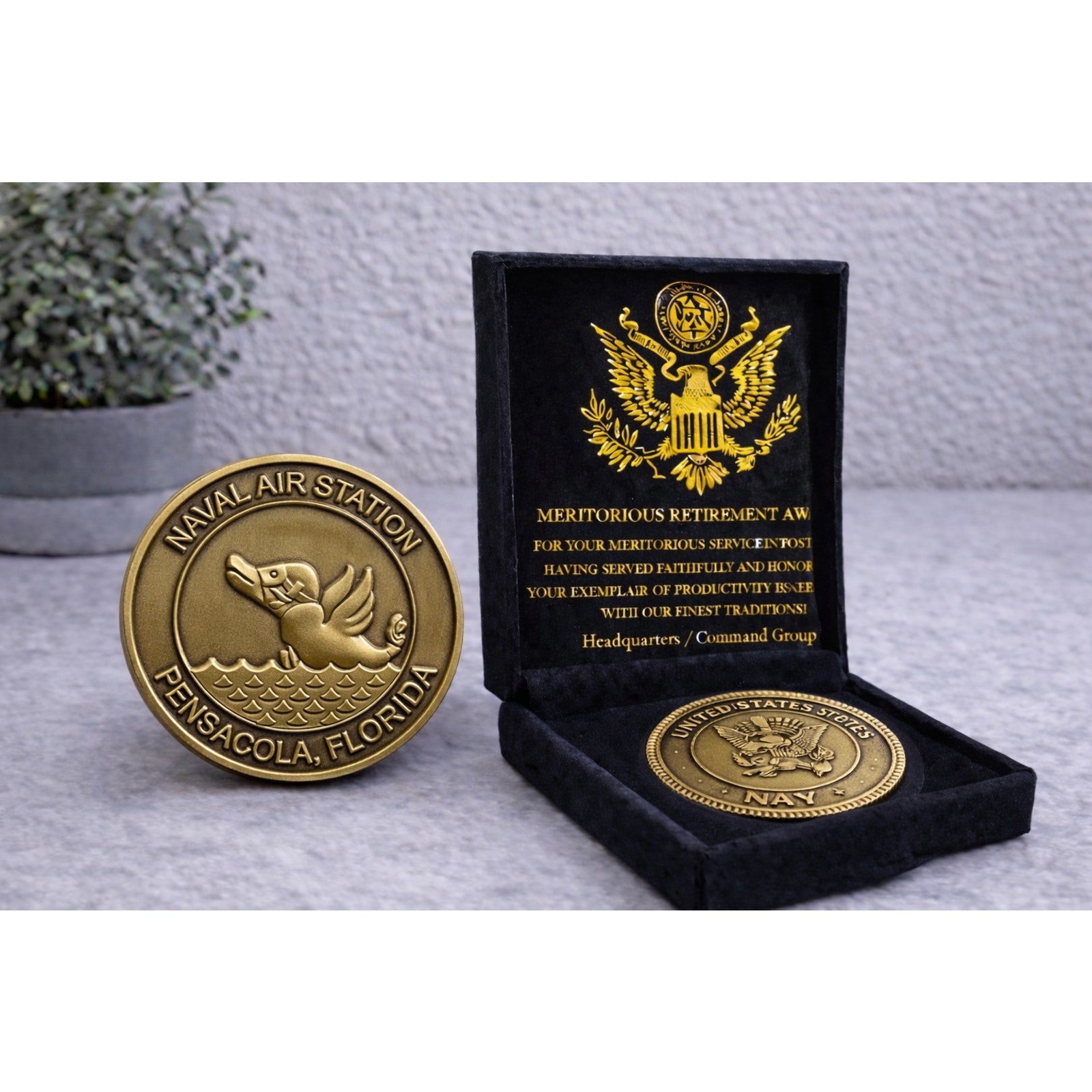 USN Navy aviation Base Challenge Coin NAS Pensacola FL USA w/ Retirement Award