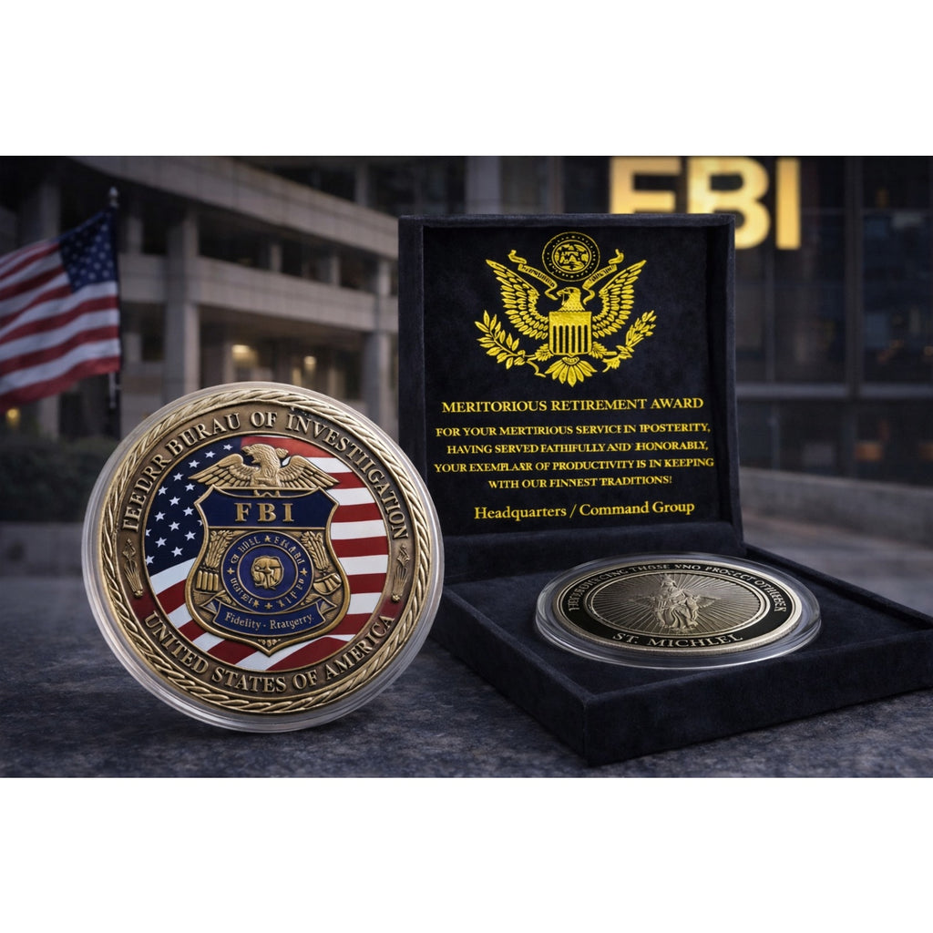 FBI Federal Bureau Of Investigation US Challenge Coin w/ Retirement Award