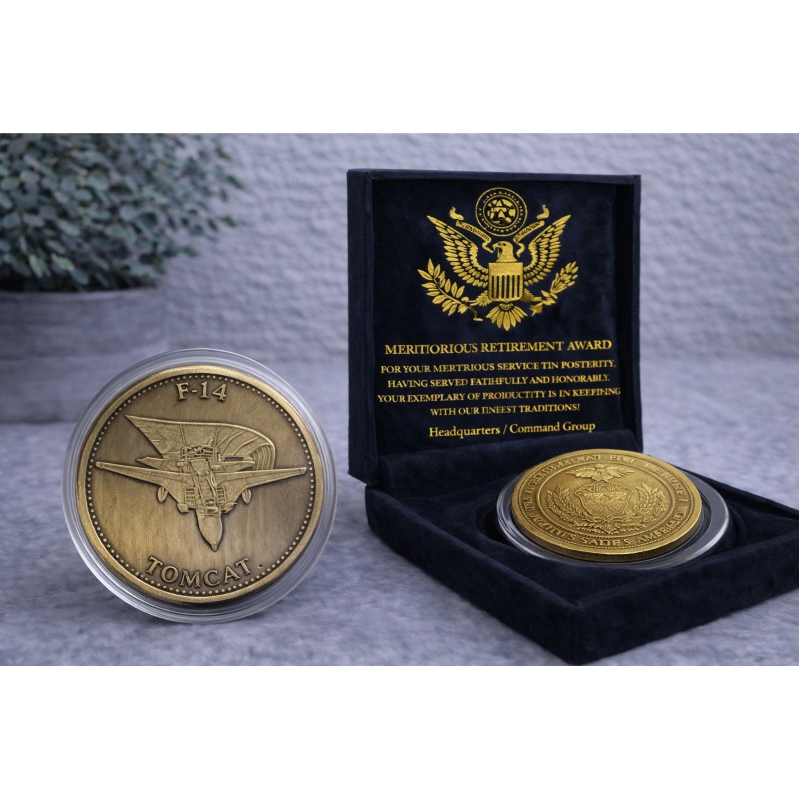 US Navy F-14 Tomcat Challenge Coin United States Navy USN w/ Retirement Award