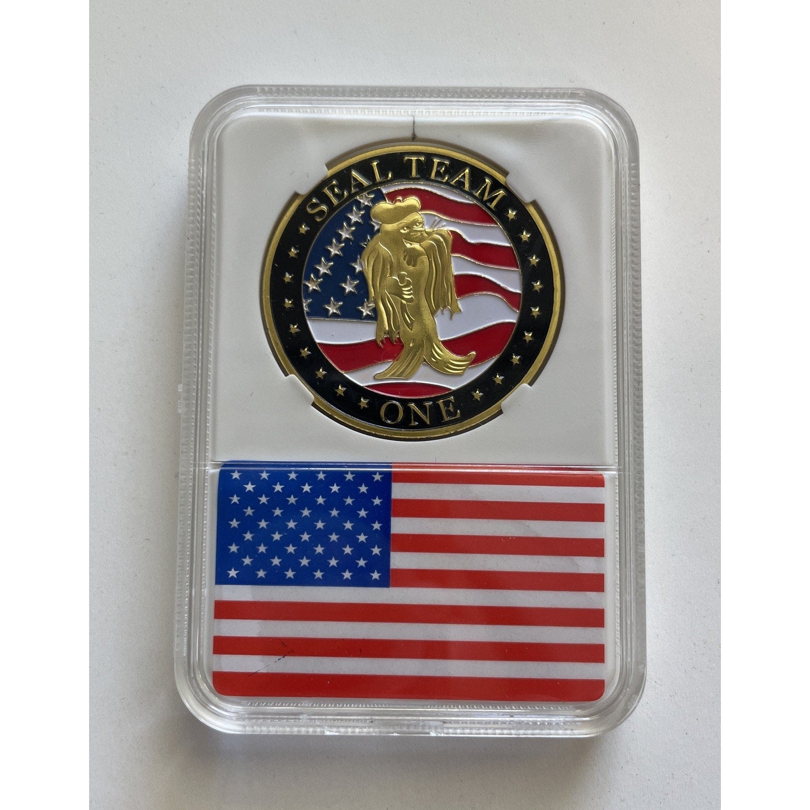 US NAVY SEAL TEAM ONE Challenge With White Display Case. OFFICIAL LIC 23125