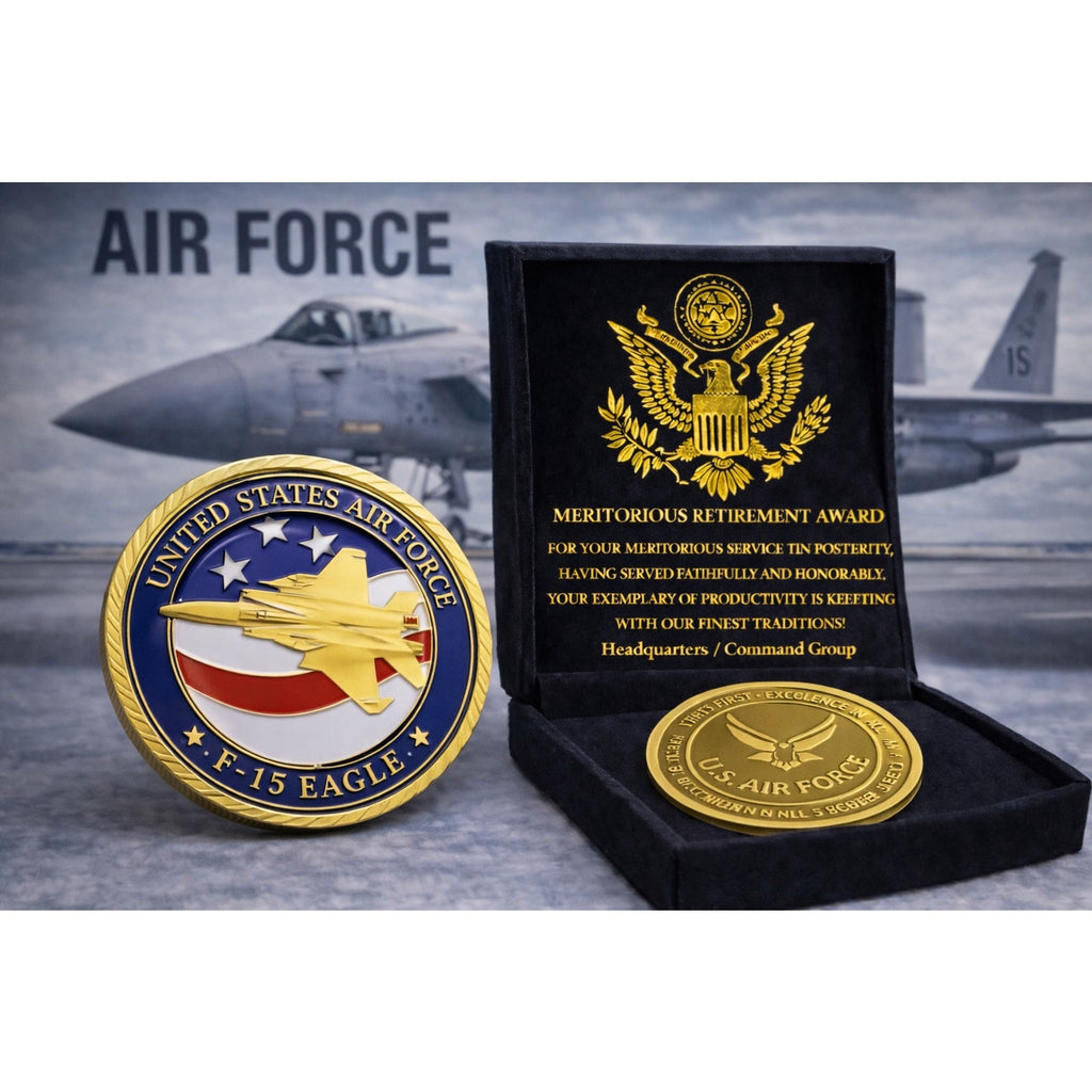 U S AIR FORCE F-15 STRIKE EAGLE Challenge Coin USA F w/ Retirement Award