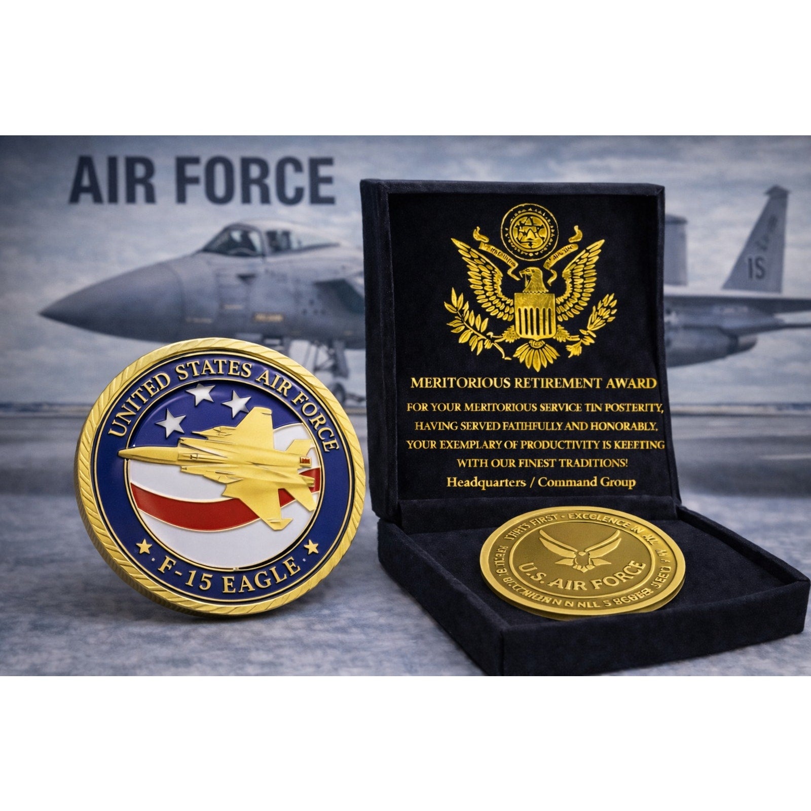 U S AIR FORCE F-15 STRIKE EAGLE Challenge Coin USA F w/ Retirement Award