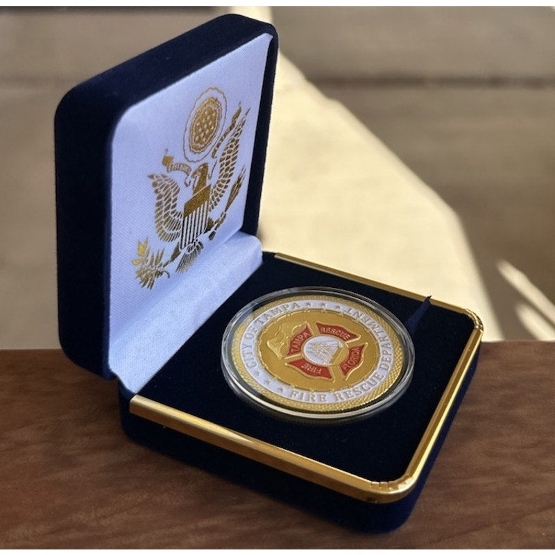 TAMPA FIRE-RESCUE DEPT Challenge Coin With Blue Velvet Case. Fast Shipping!