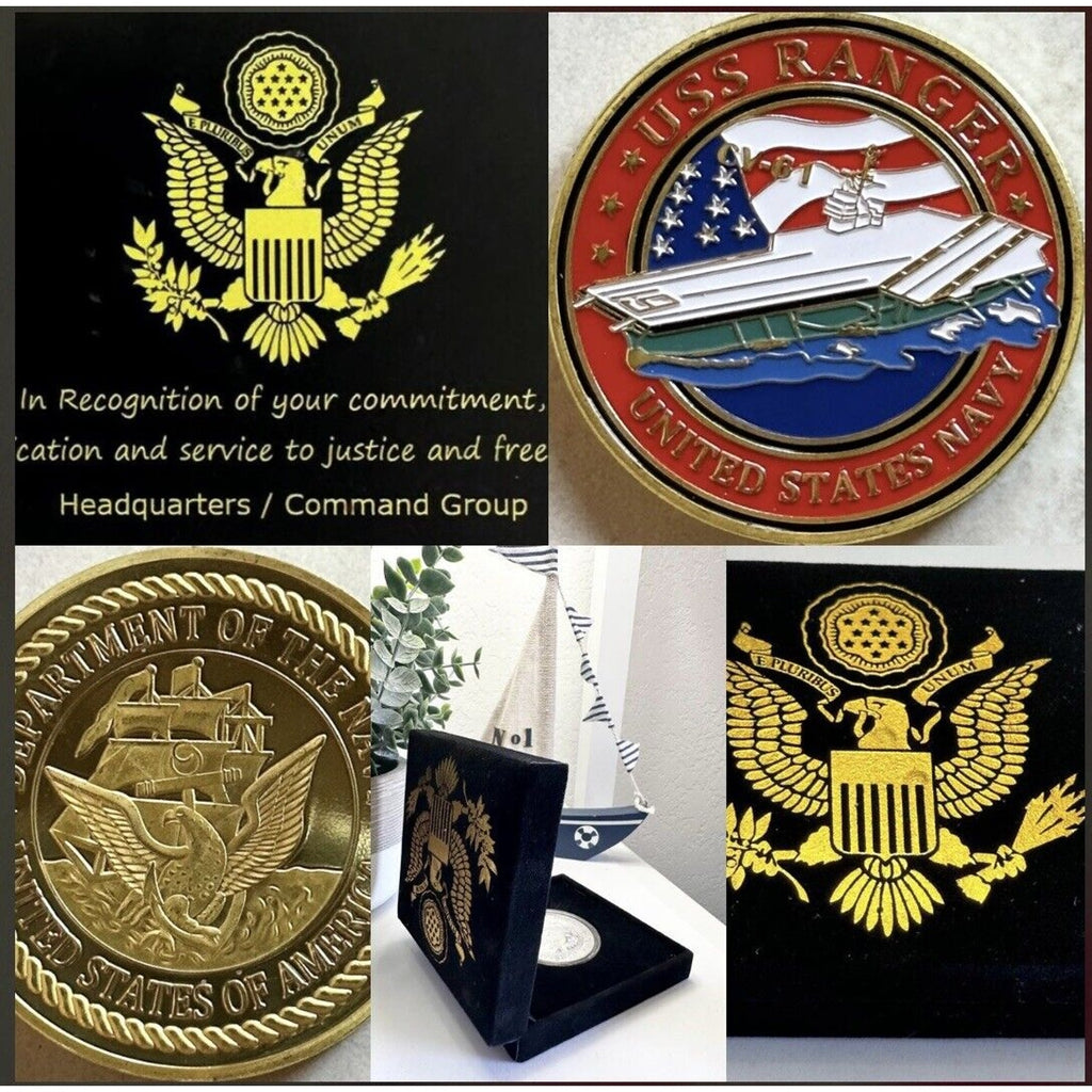 US NAVY - USS RANGER CV-61 Carrier With Velvet Box / Certificate Challenge Coin