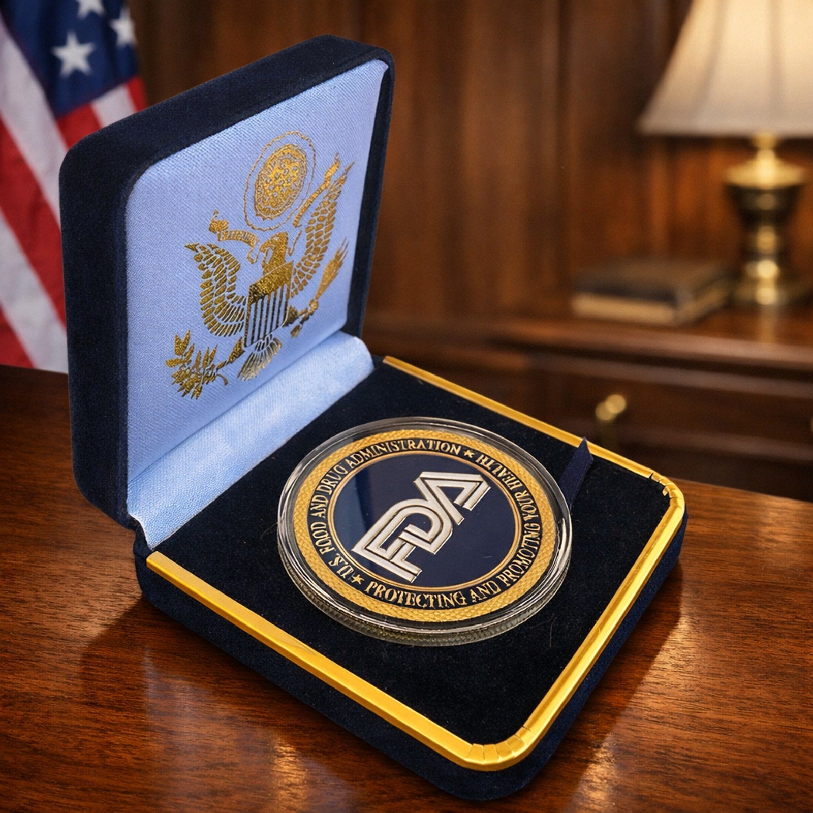Copied - FOOD AND DRUG ADMINISTRATION (FDA) Challenge Coin With Blue Velvet Case