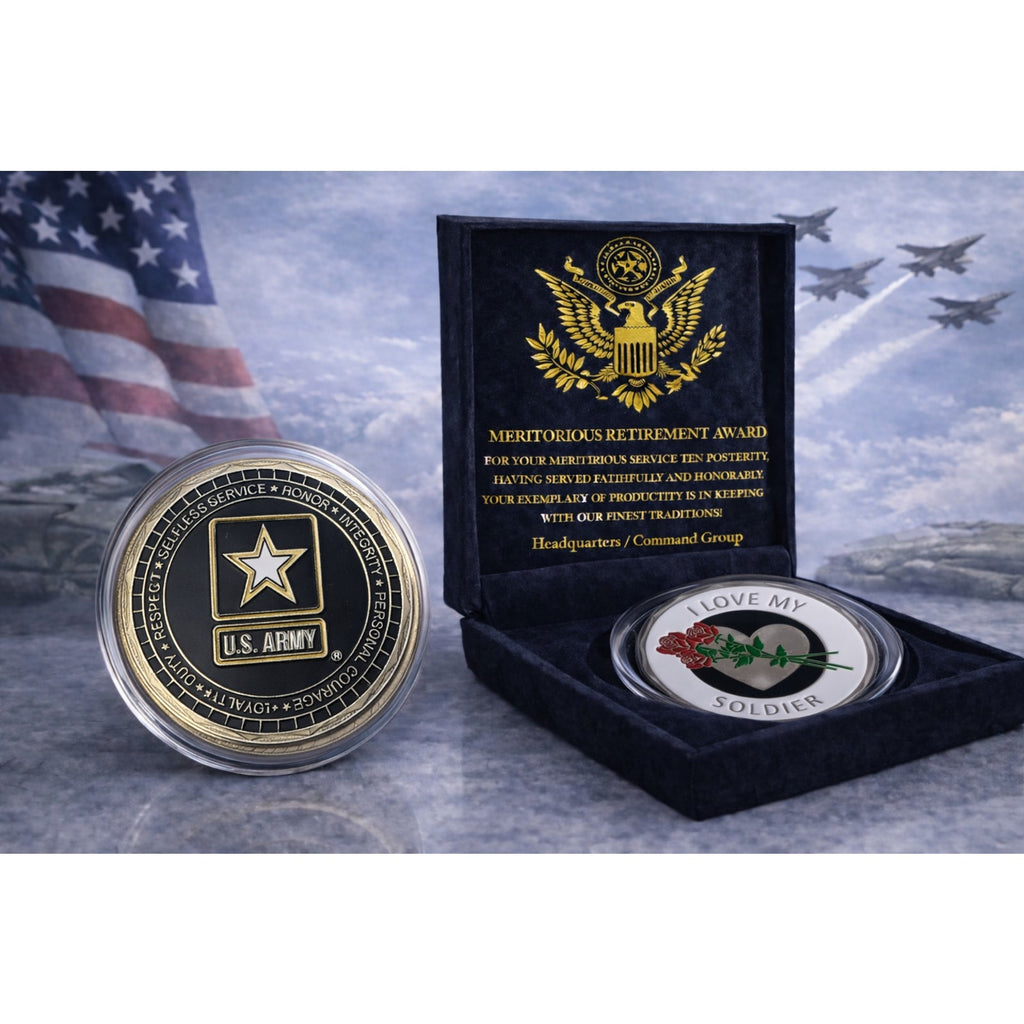 CHALLENGE COIN Us ARMY I LOVE MY SOLDIER LEADERSHIP VALUES w/ Retirement Award