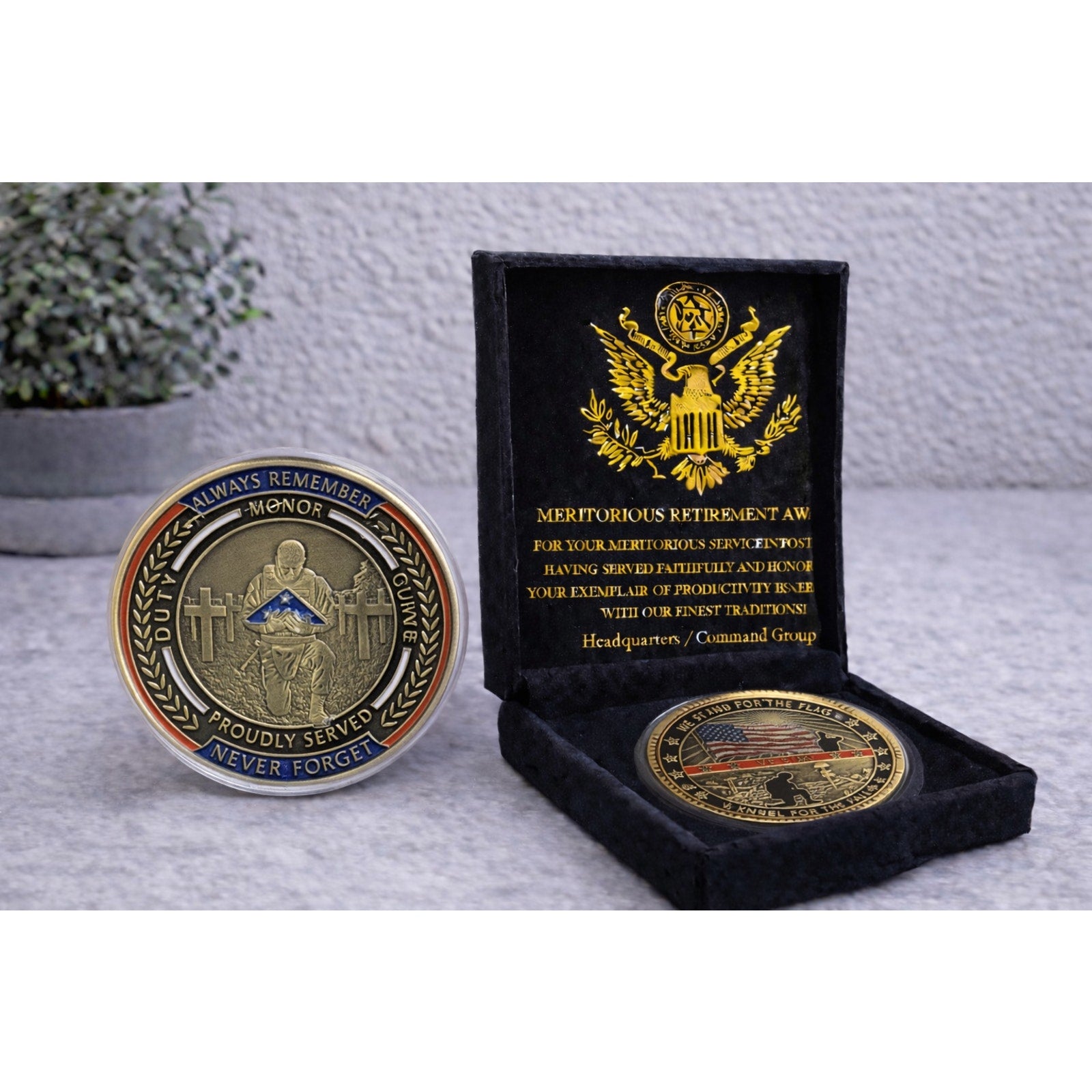 Military Veteran Challenge Coin Army Navy Air Force The Flag w/ Retirement Award