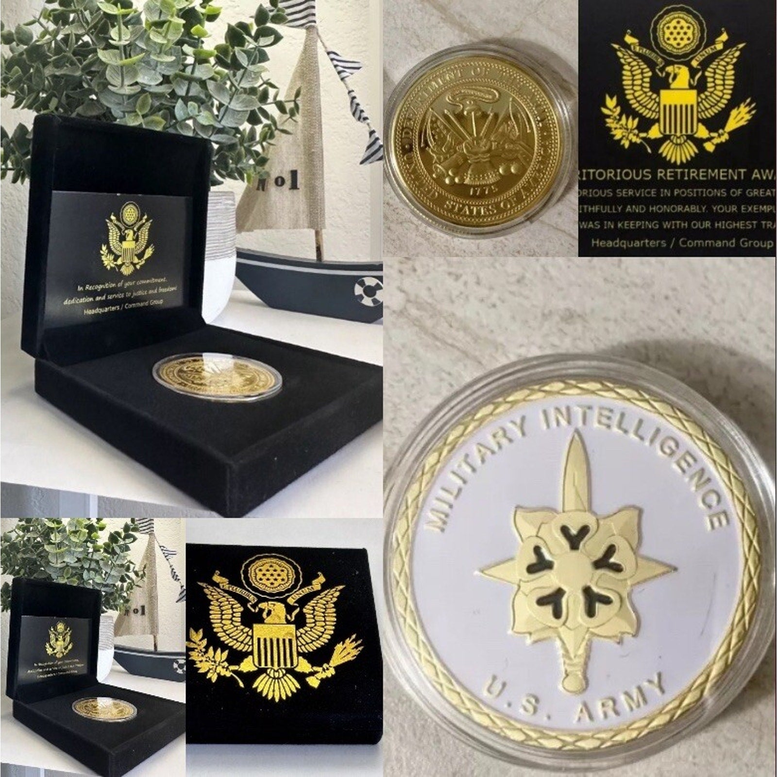 Army MI Military Intelligence Unit Challenge Coin With Retirement Award