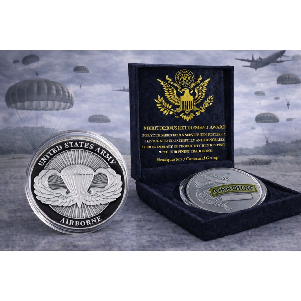 United State Army Airborne Challenge Coin w/ Retirement Award