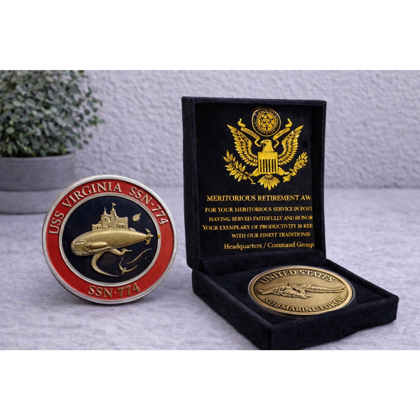 Rare USS Becuna SS 319 Submarine Challenge Coin USN w/ Retirement Award