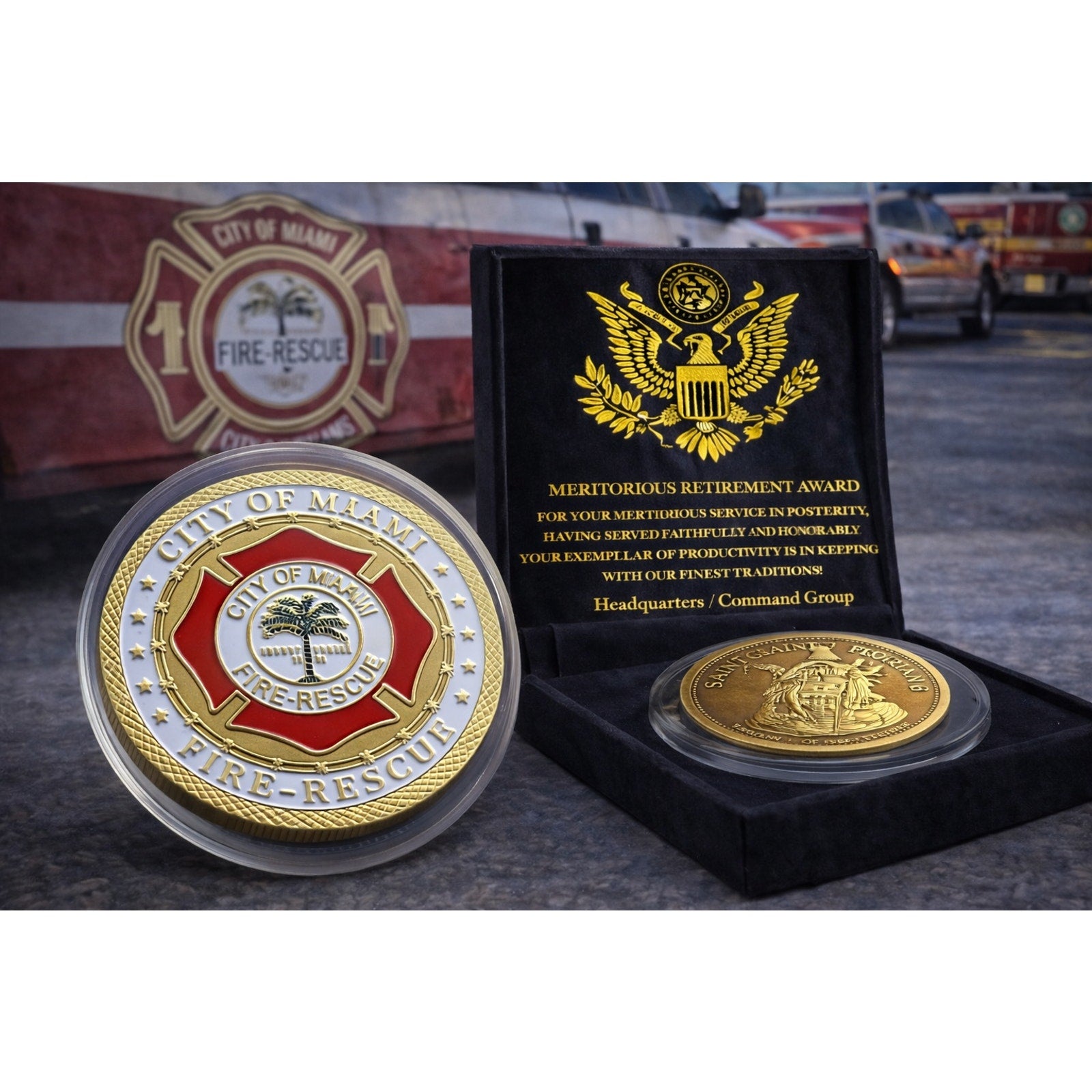 City Of MIAMI FIRE RESCUE Challenge Coin With w/ Retirement Award