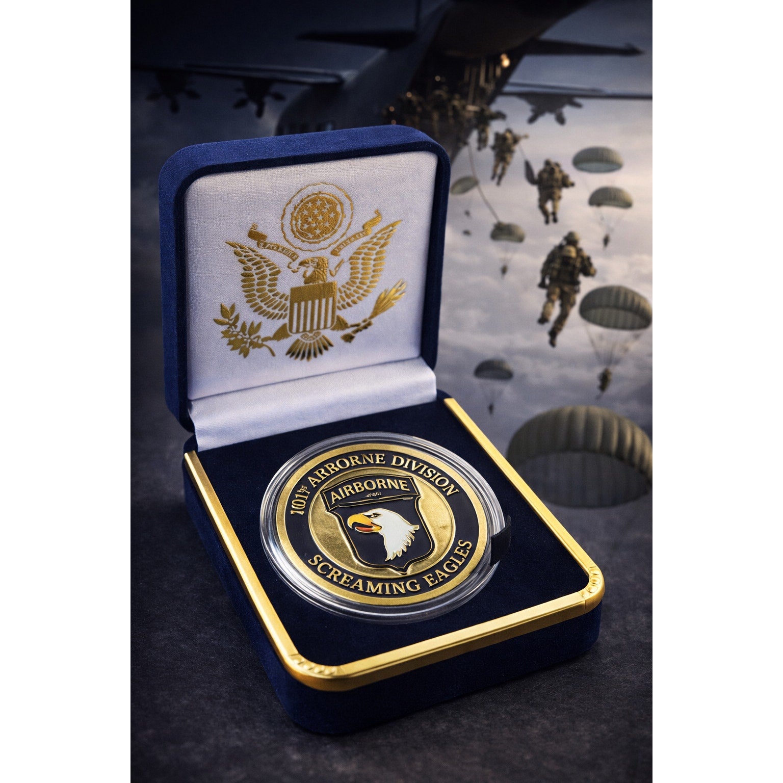 101st Airborne Division Screaming Eagles Military Veteran Challenge Coin W/ Case