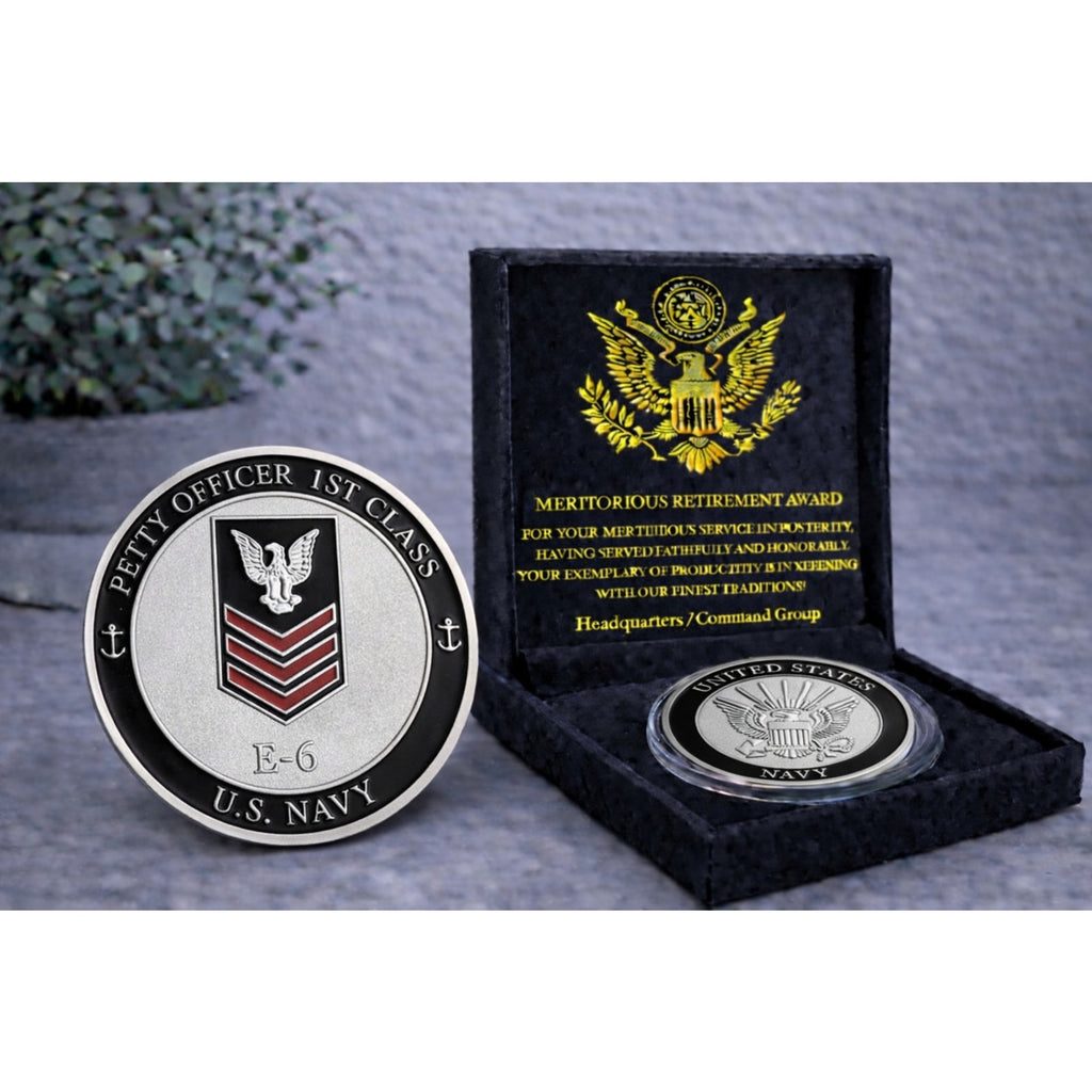 NEW U.S. Navy Petty Officer First Class E-6 Challenge Coin w/ Retirement Award