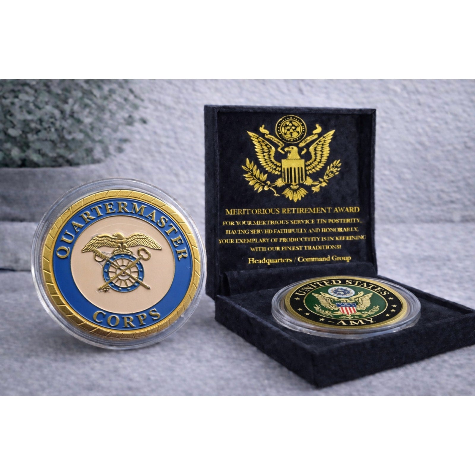 New US Army Quartermaster Corps Challenge Coin US Army w/ Retirement Award