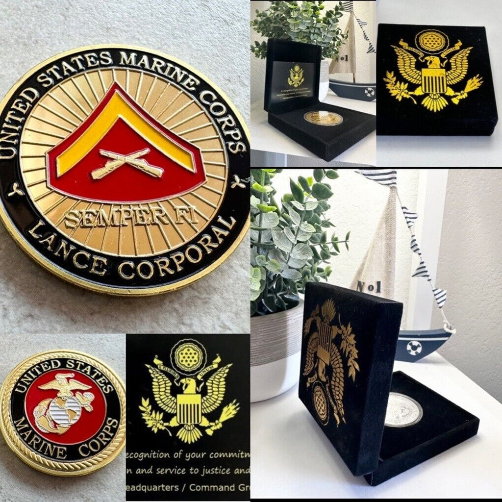 US MARINE CORPS " LANCE CORPORAL " E-3 Rank USMC Challenge Coin W/ Velvet Case