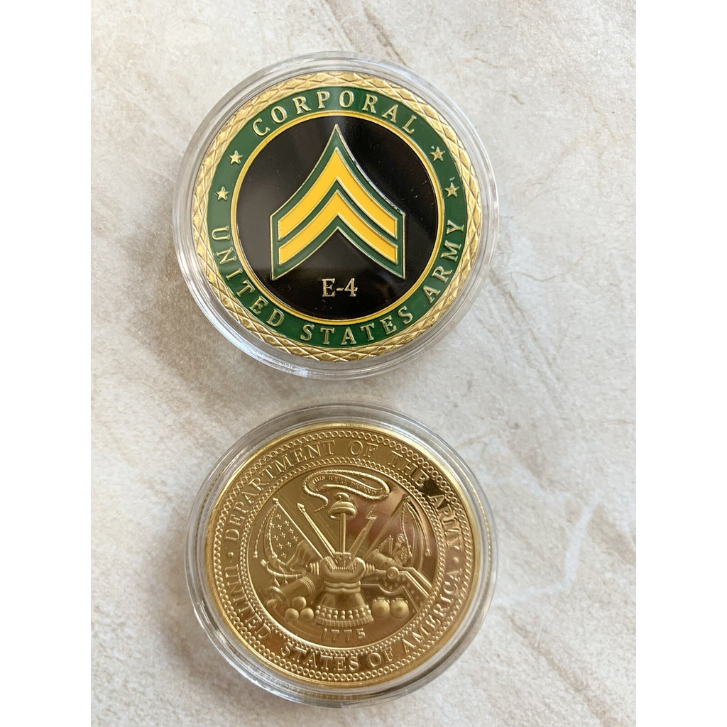 UNITED STATES ARMY - Rank CORPORAL E-4 Challenge Coin w/ Retirement Award