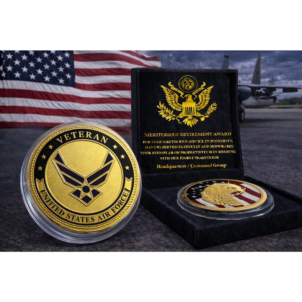 USAF Air Force Veteran with eagle and flag Challenge Coin w/ Retirement Award