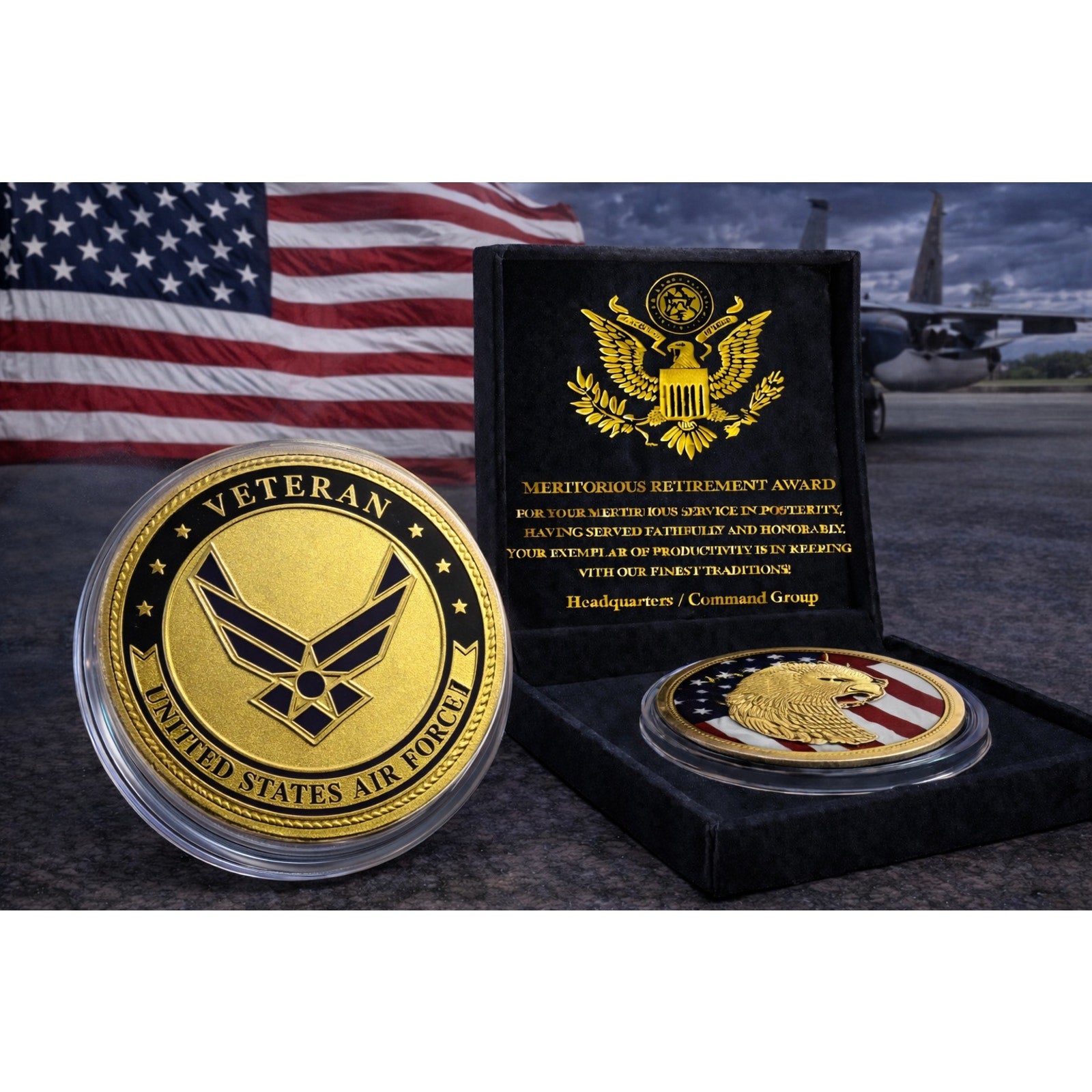 USAF Air Force Veteran with eagle and flag Challenge Coin w/ Retirement Award