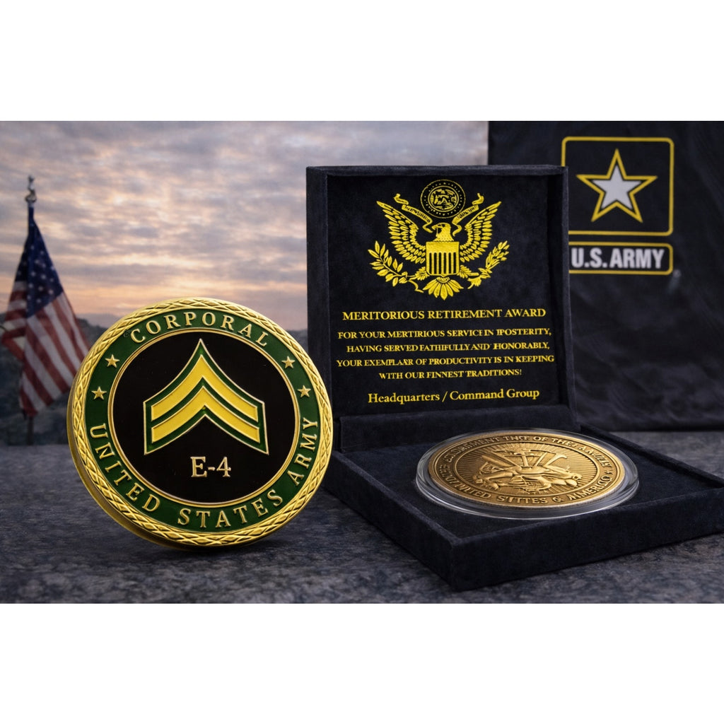 UNITED STATES ARMY - Rank CORPORAL E-4 Challenge Coin w/ Retirement Award