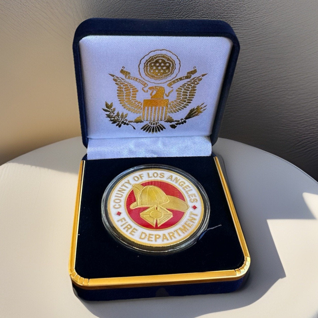 LACoFD LOS ANGELES COUNTY FIRE DEPARTMENT Gold Plated Challenge Coin With Case