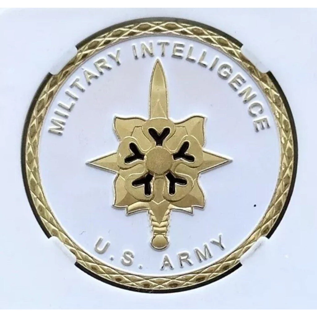 Army MI Military Intelligence Unit Challenge Coin With Retirement Award
