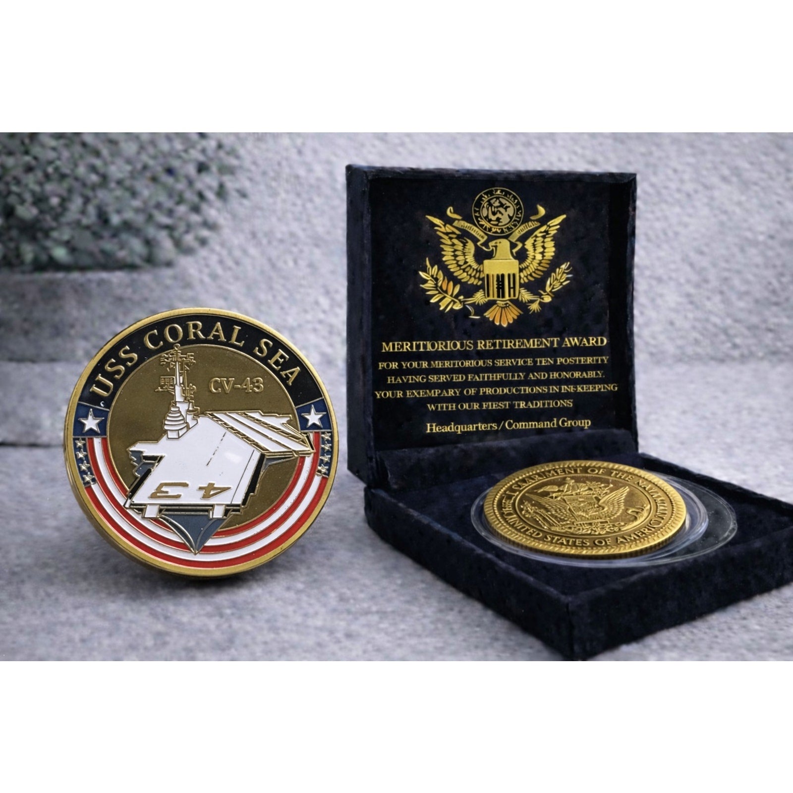 US NAVY - USS CORAL SEA CV-43 Challenge Coin w/ Retirement Award