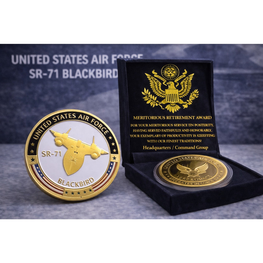 U S AIR FORCE SR-71 BLACKBIRD Challenge Coin USA AF w/ Retirement Award