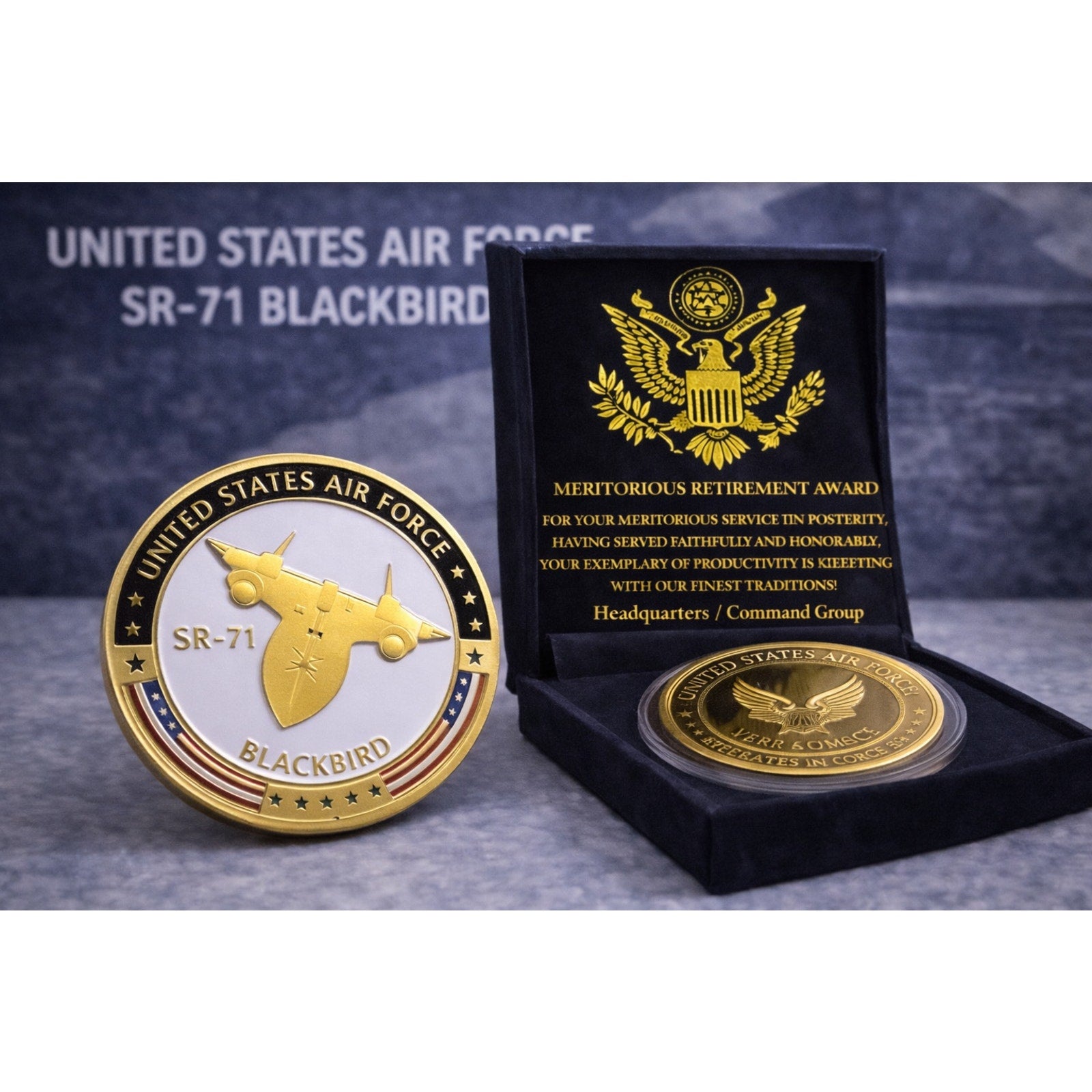 U S AIR FORCE SR-71 BLACKBIRD Challenge Coin USA AF w/ Retirement Award