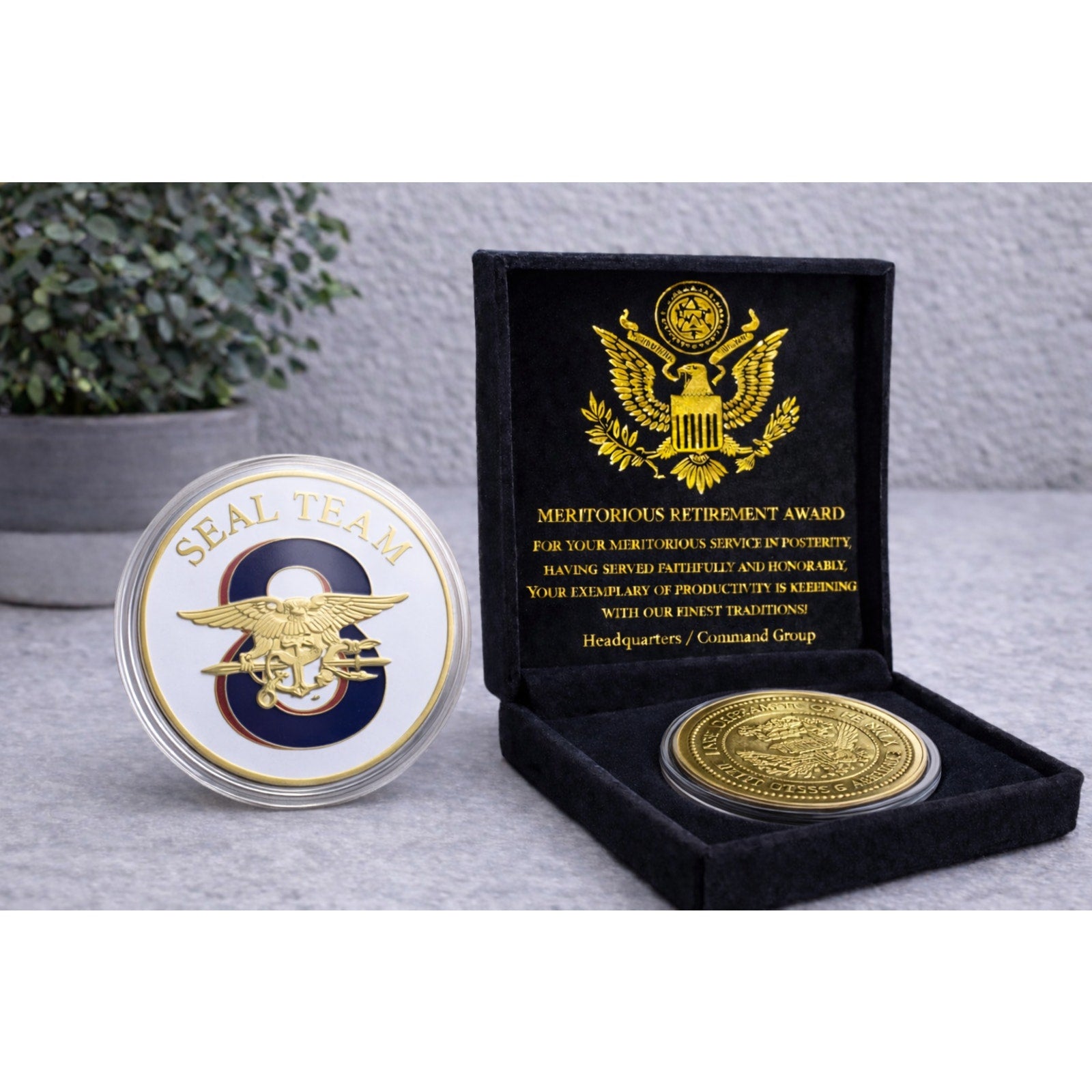 US Navy Seal Team 8 Challenge Coin w/Retirement Award