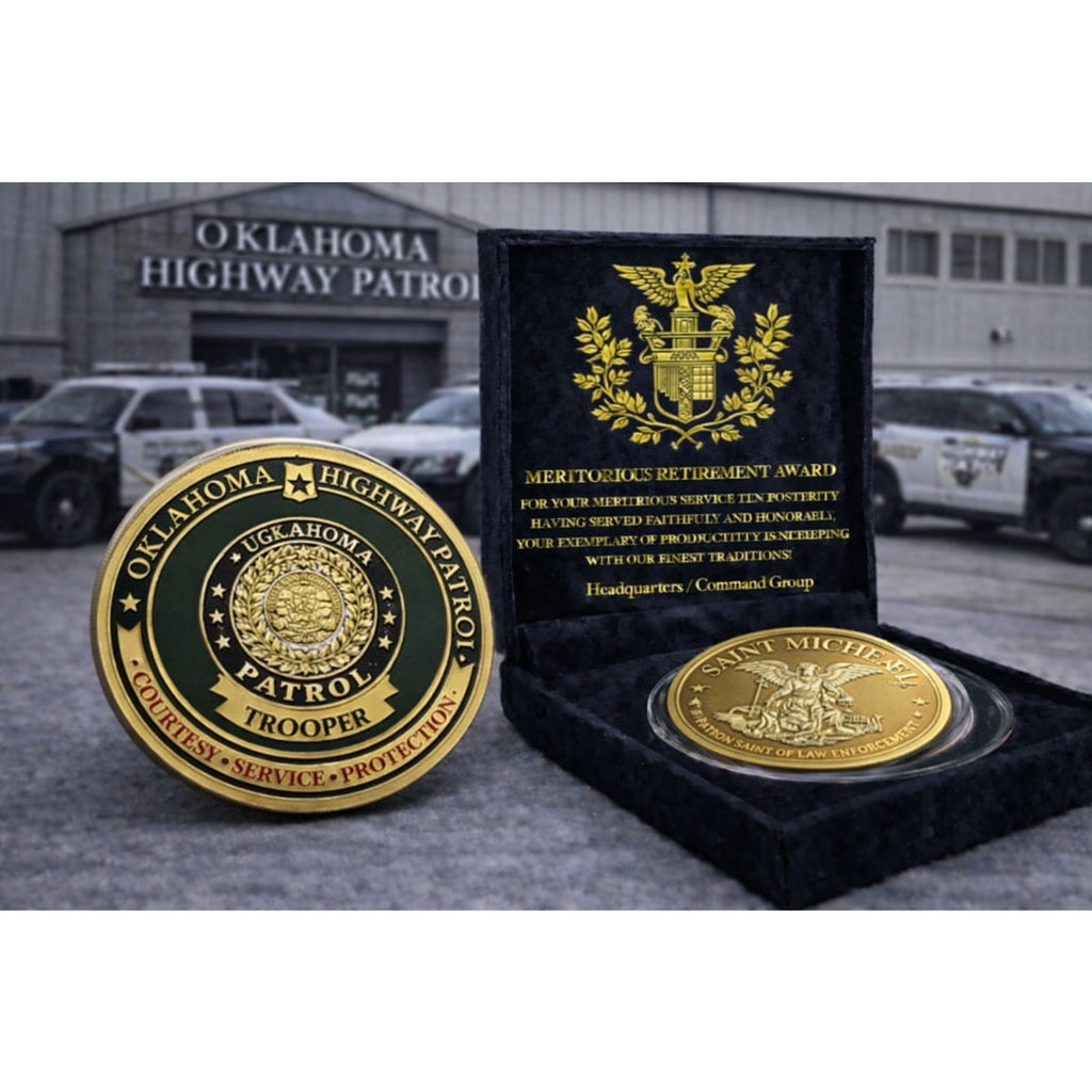 Oklahoma Highway Patrol Officer Badge Challenge Coin w/ Retirement Award