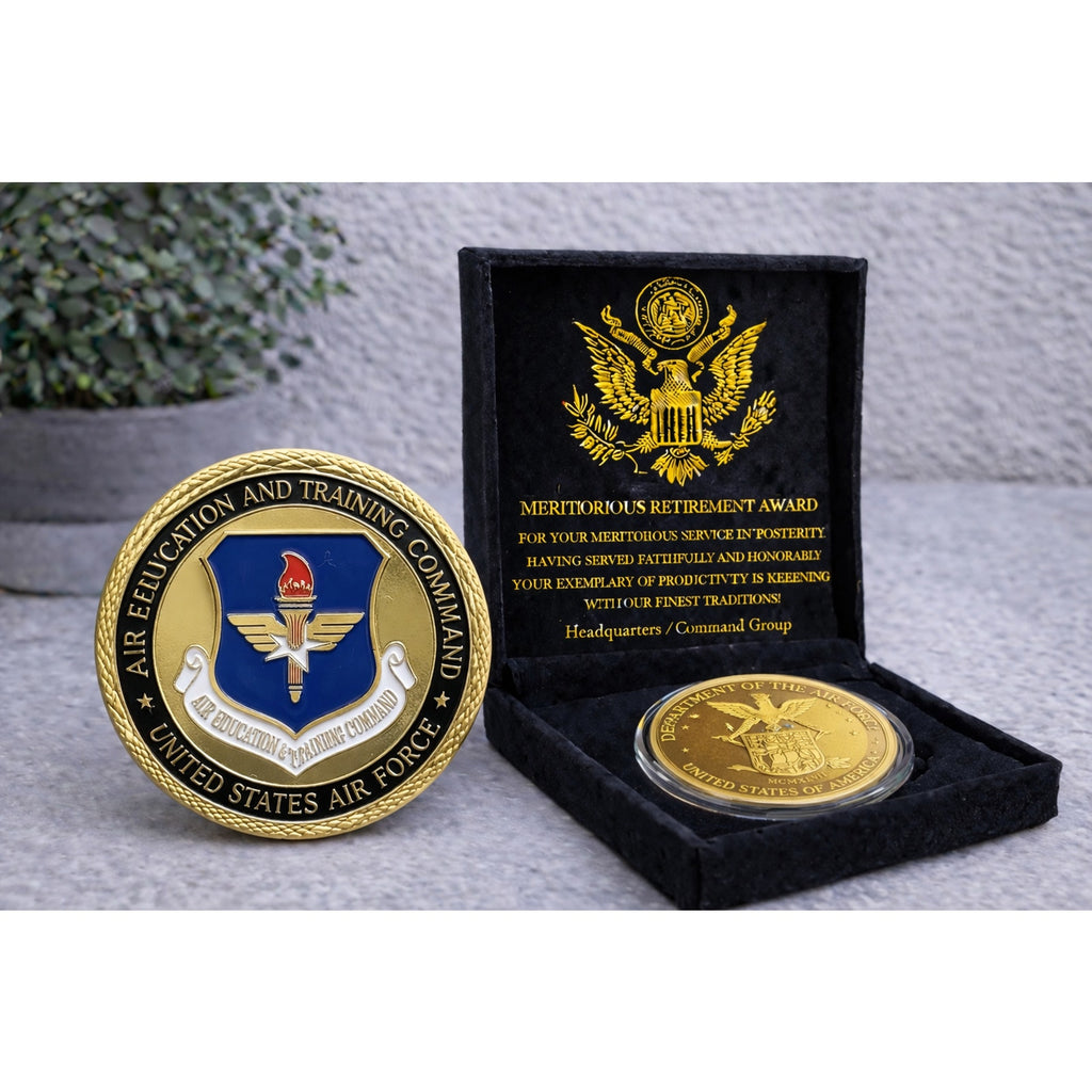U S AIR FORCE Air Education & Training Command Challenge Coin w/ Retirement Awar